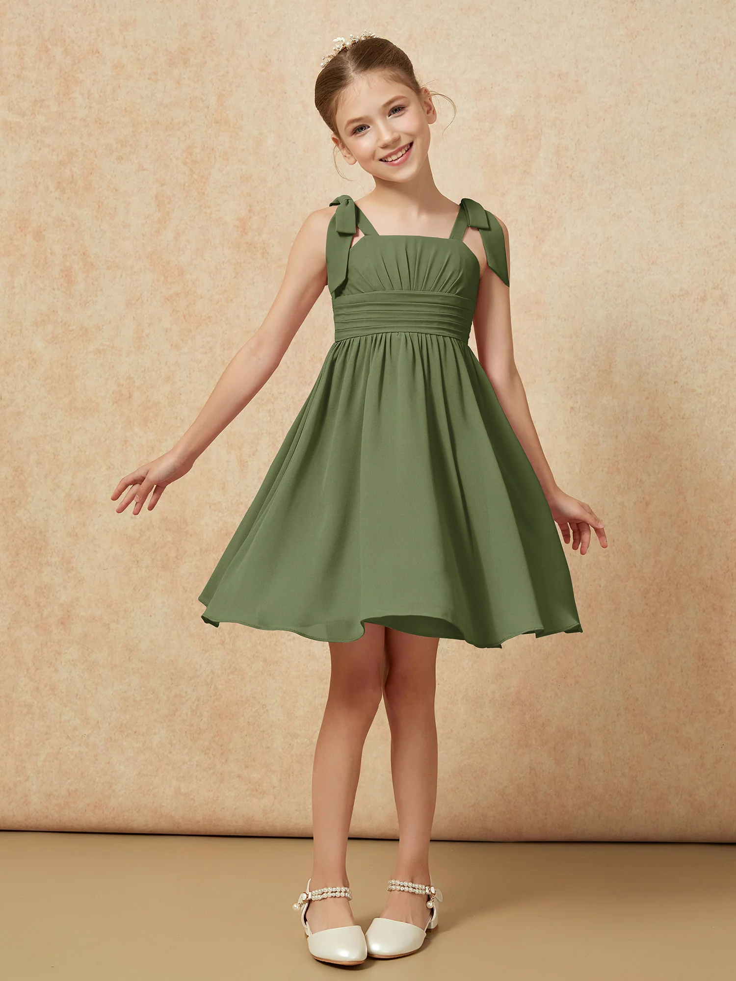 Bowknot Straps Knee-length Junior Bridesmaid Dresses Olive Green