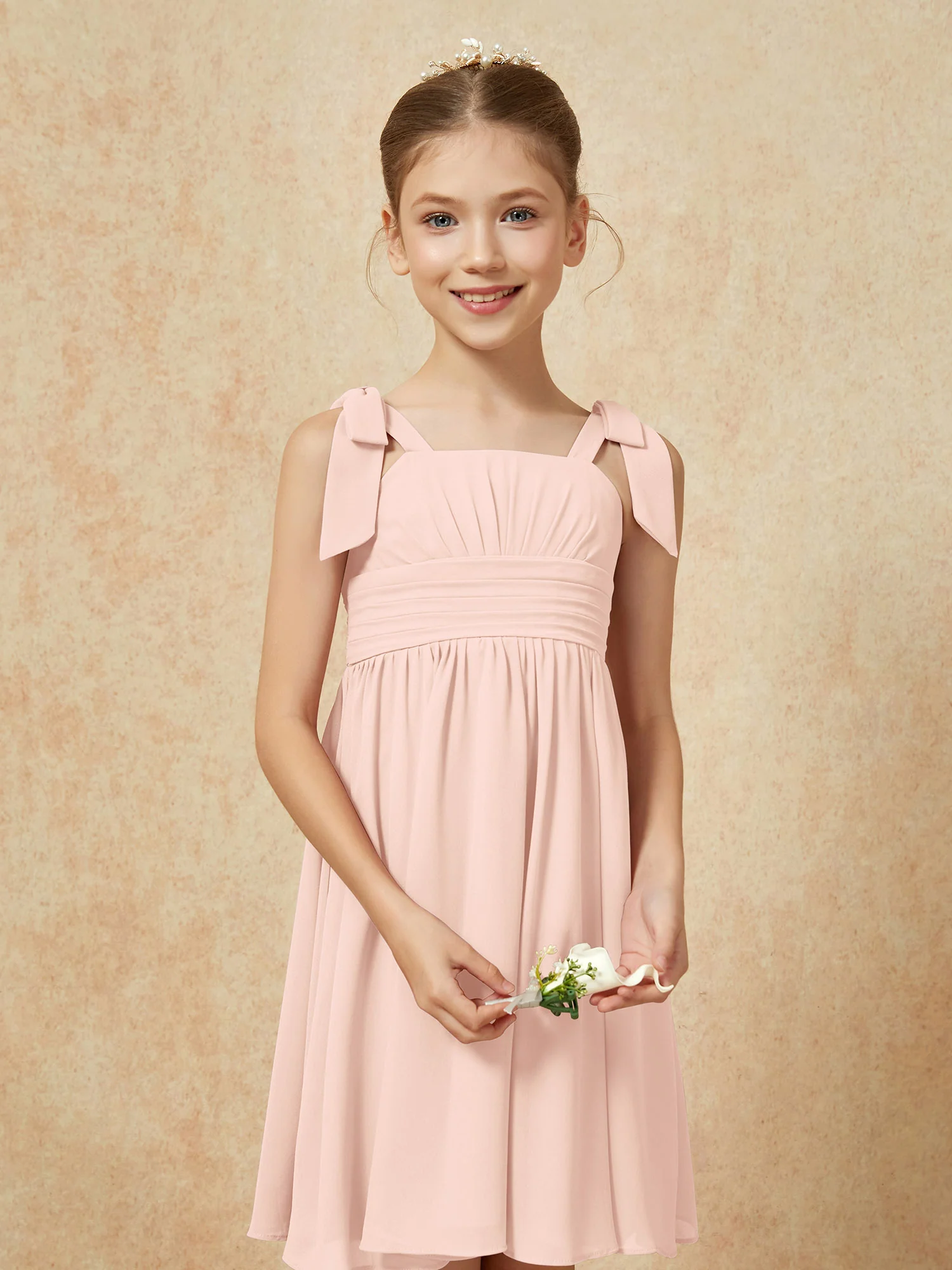 Bowknot Straps Knee-length Junior Bridesmaid Dresses Pearl Pink - Image 6