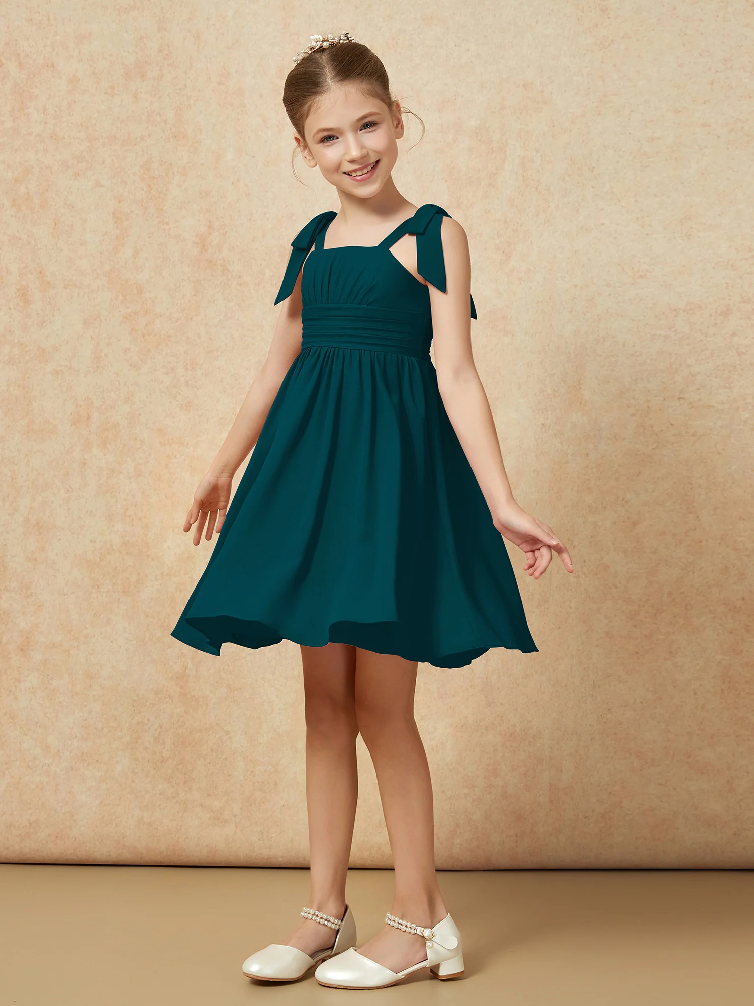 Bowknot Straps Knee-length Junior Bridesmaid Dresses Pine - Image 3
