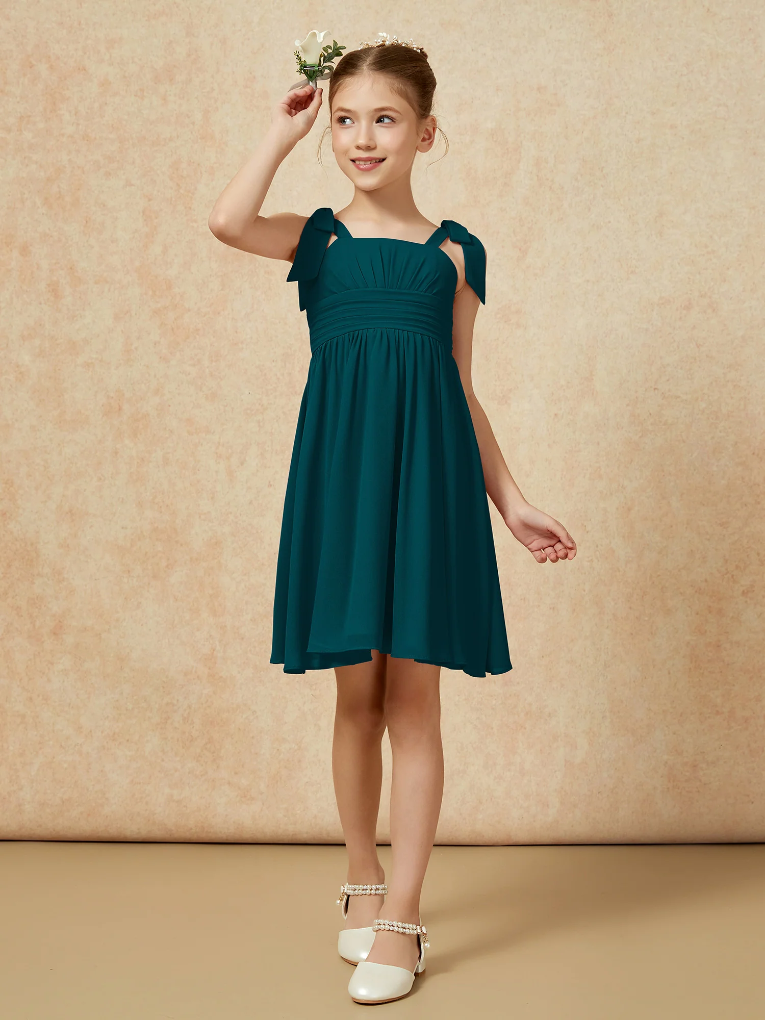 Bowknot Straps Knee-length Junior Bridesmaid Dresses Pine - Image 4