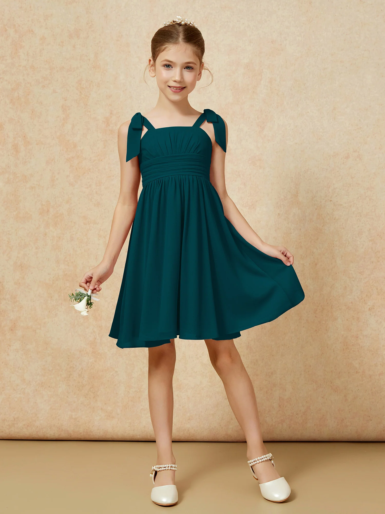 Bowknot Straps Knee-length Junior Bridesmaid Dresses Pine - Image 5