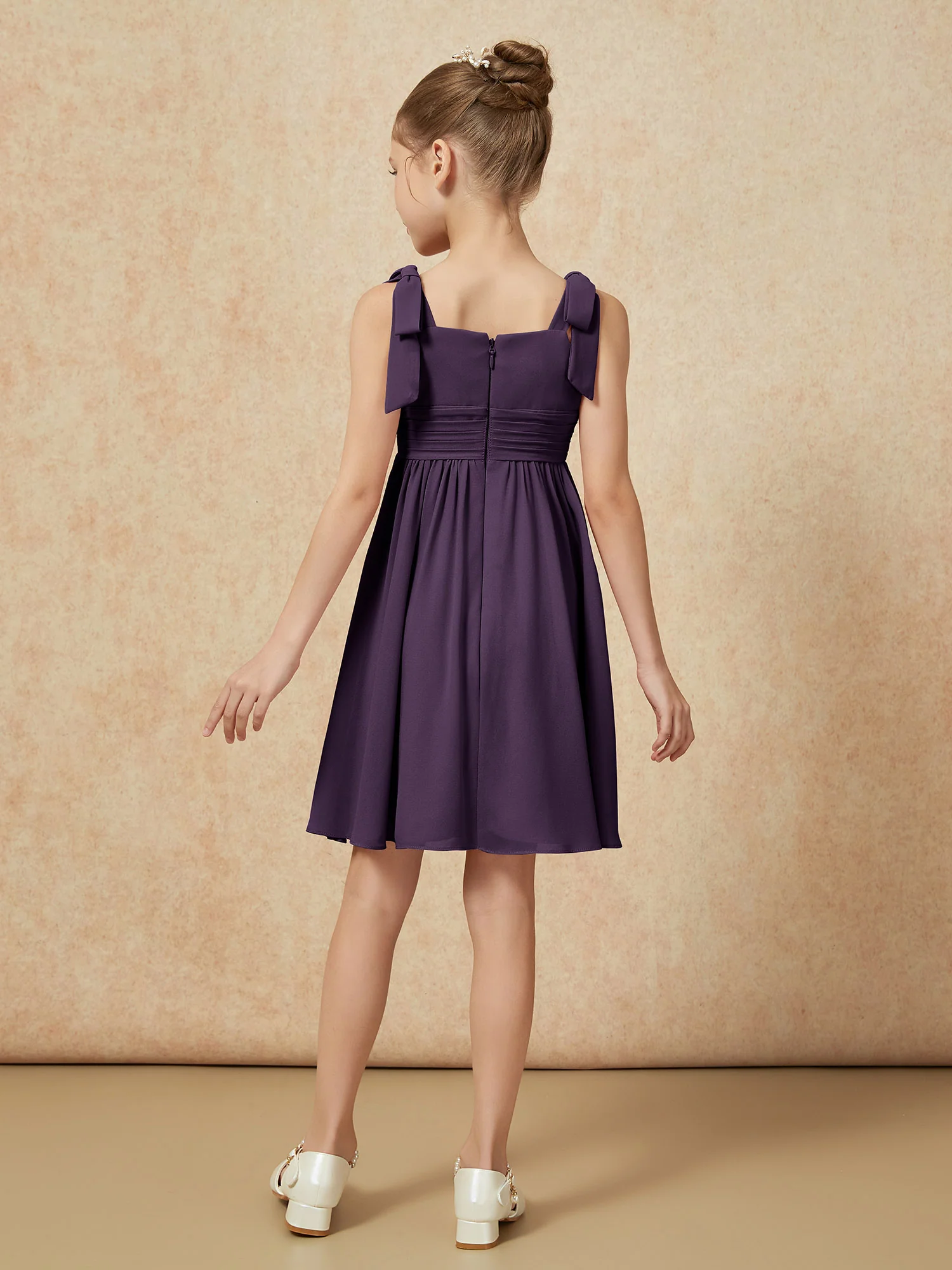 Bowknot Straps Knee-length Junior Bridesmaid Dresses Plum - Image 2