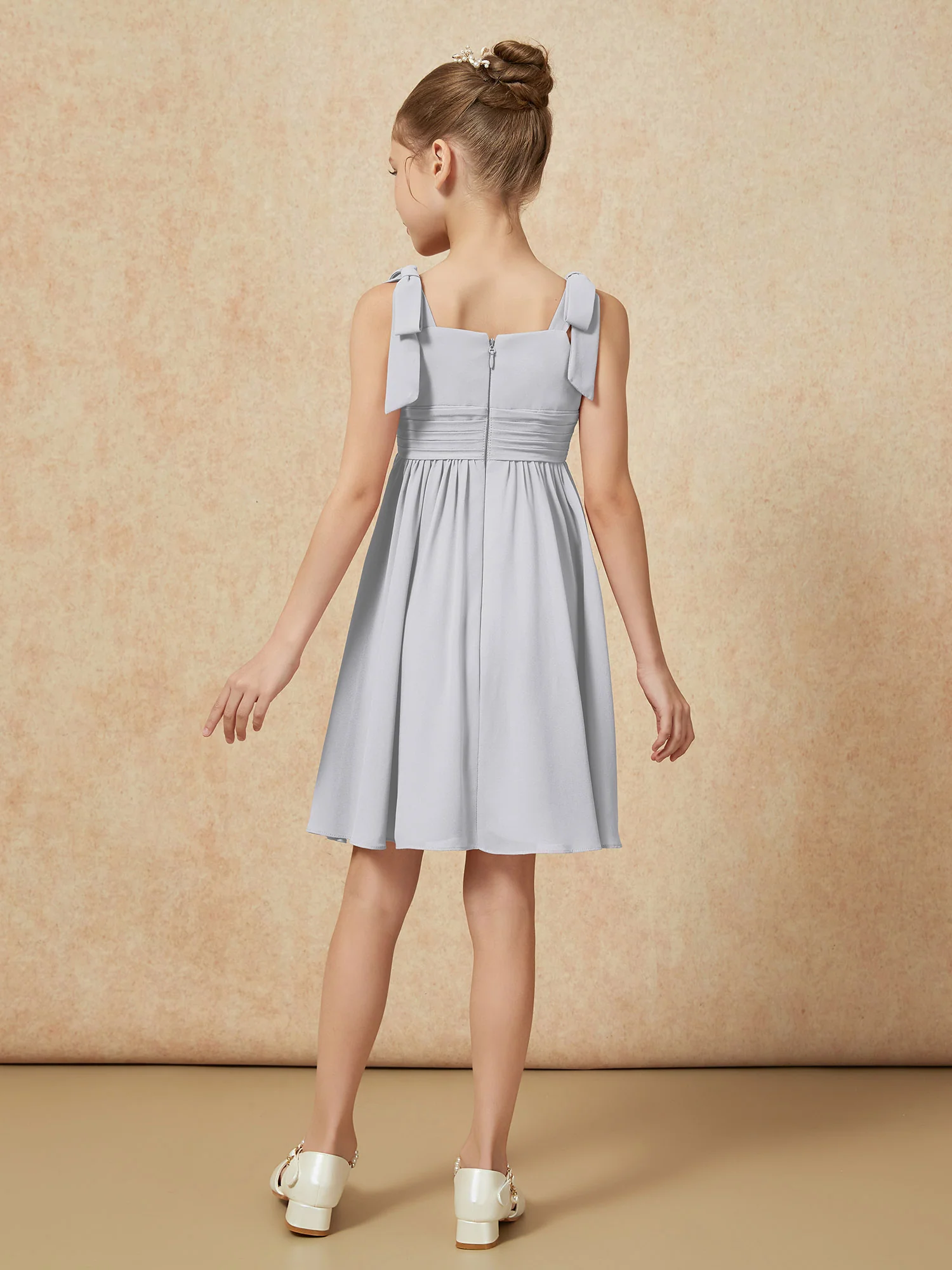Bowknot Straps Knee-length Junior Bridesmaid Dresses Silver - Image 2
