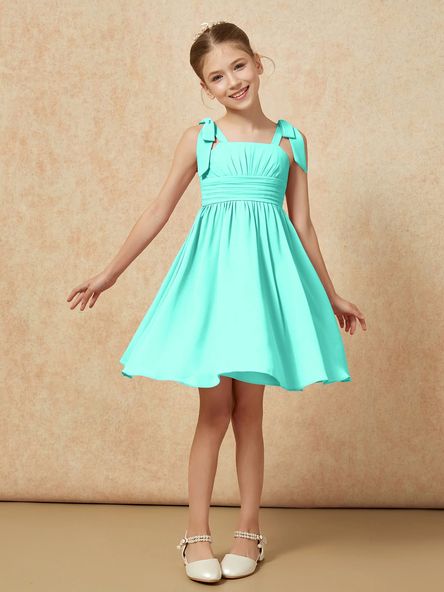 Bowknot Straps Knee-length Junior Bridesmaid Dresses Spa