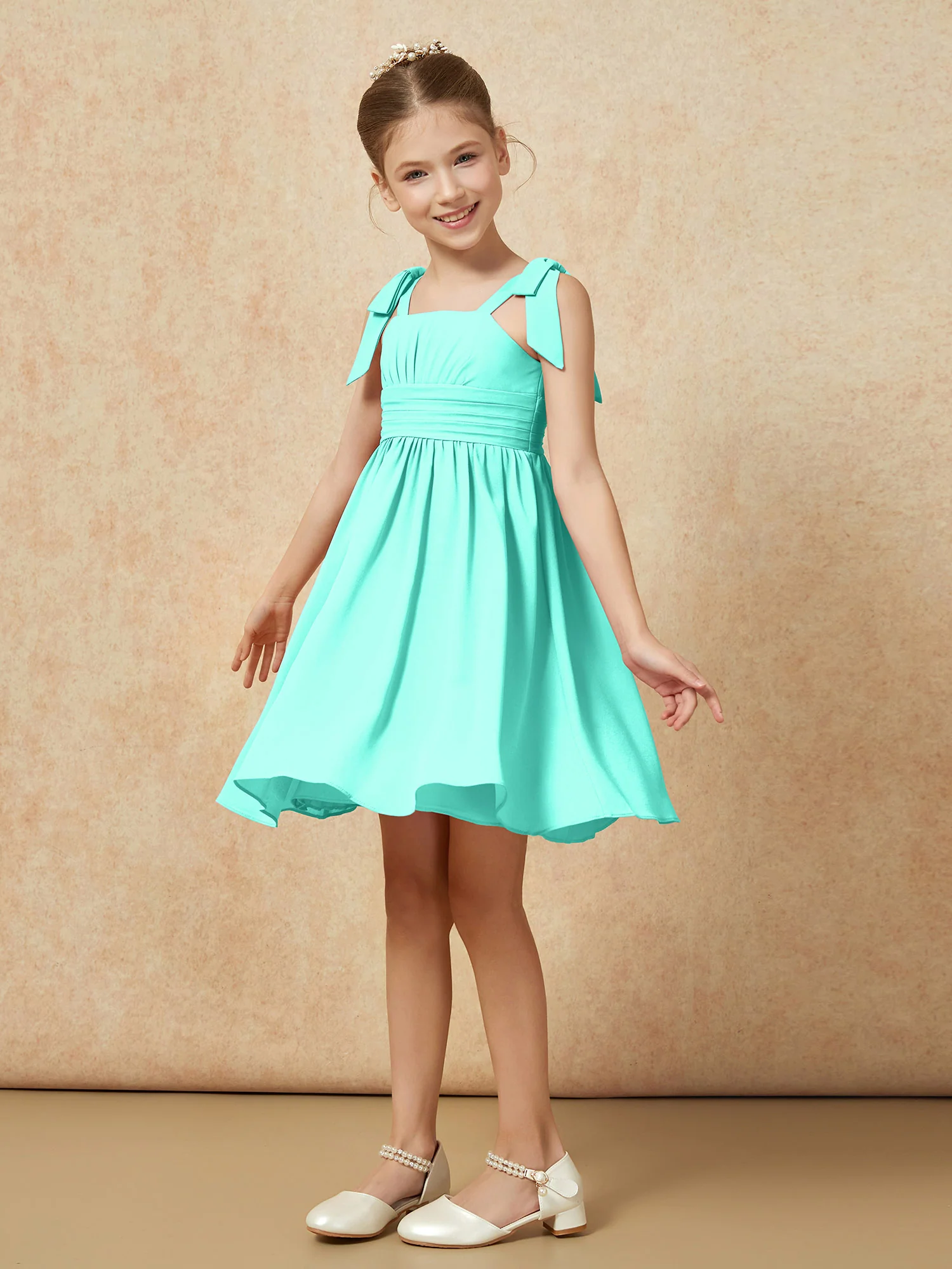 Bowknot Straps Knee-length Junior Bridesmaid Dresses Spa - Image 3