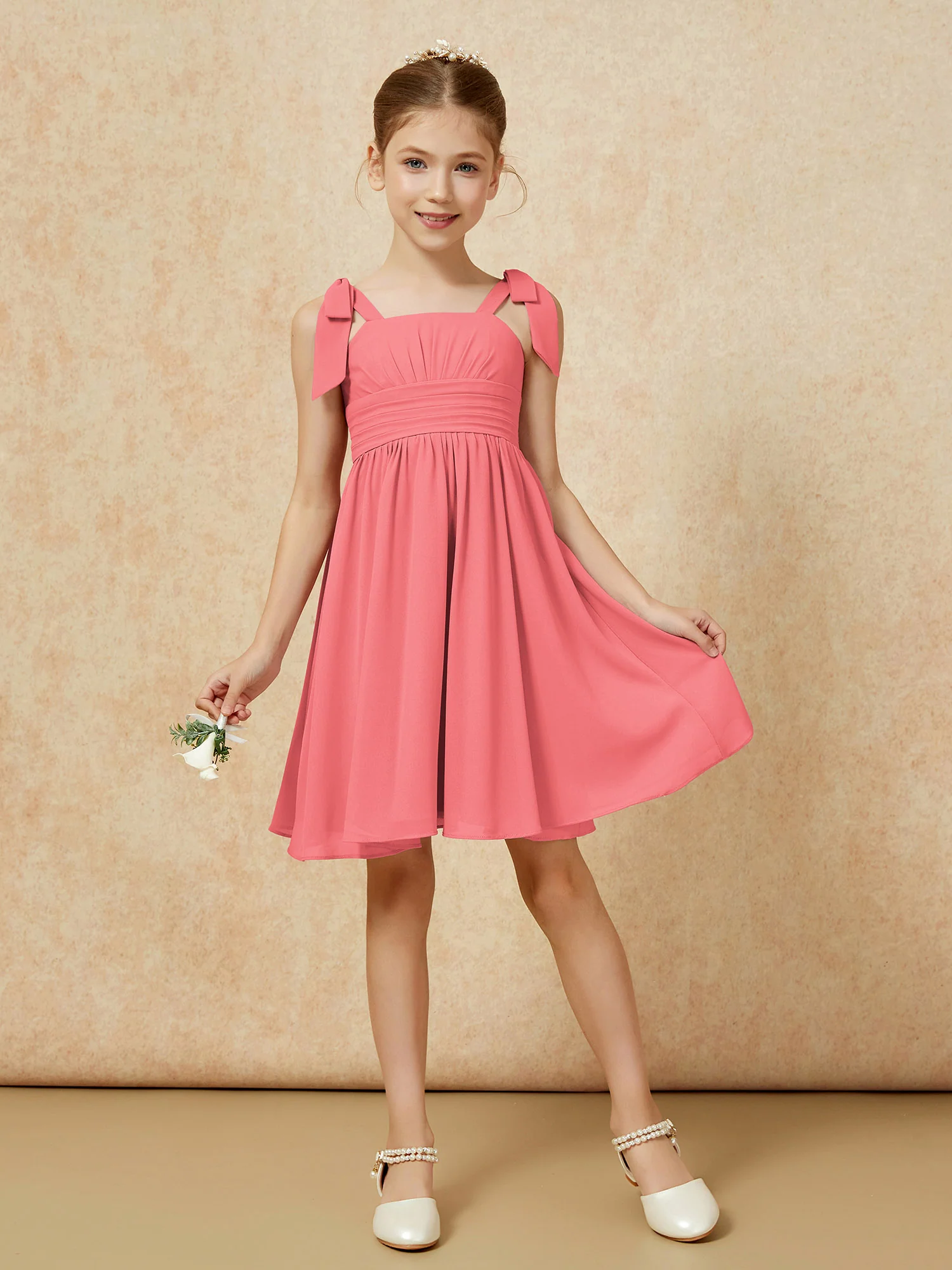 Bowknot Straps Knee-length Junior Bridesmaid Dresses Watermelon - Image 5