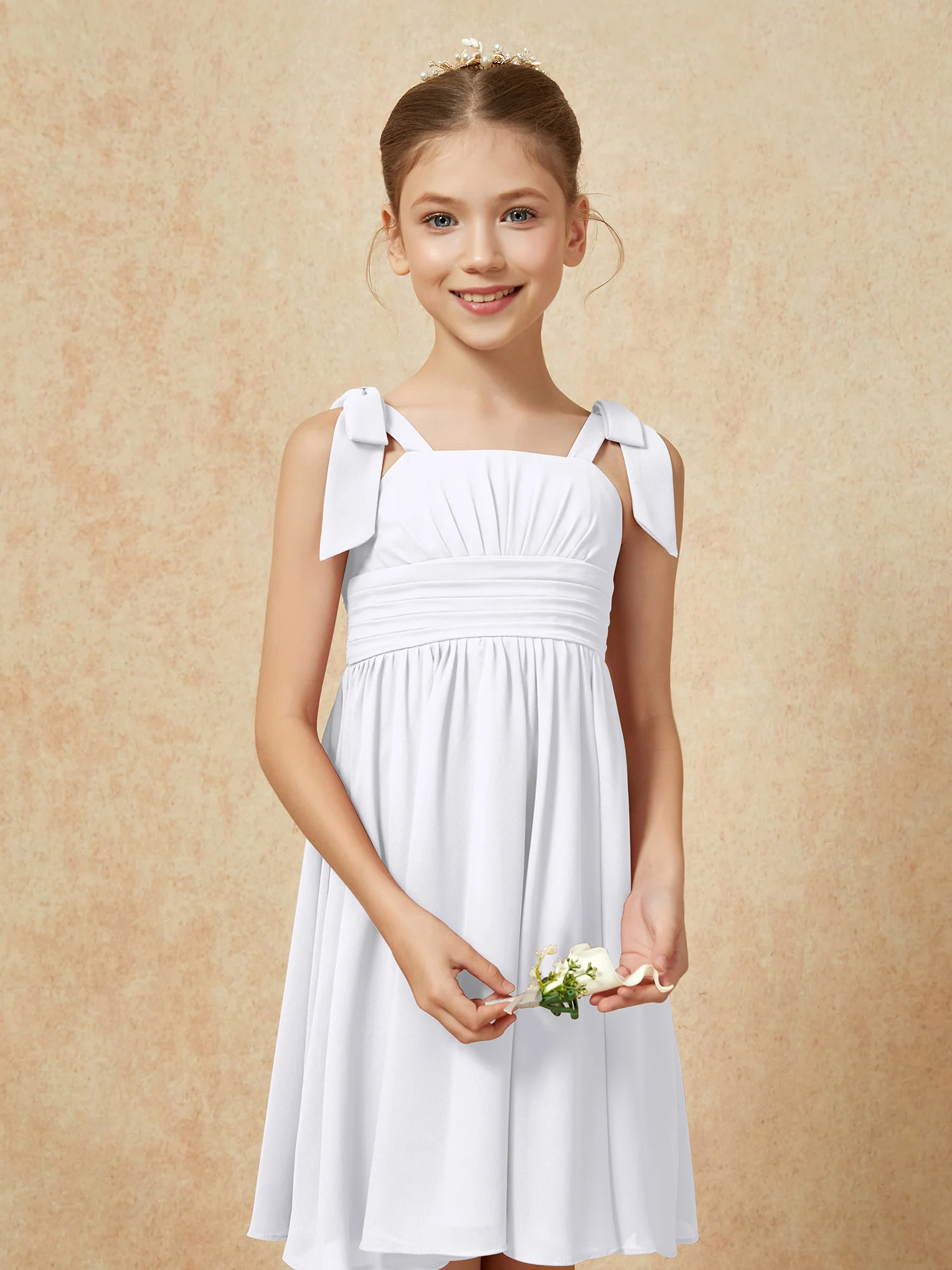 Bowknot Straps Knee-length Junior Bridesmaid Dresses White - Image 6