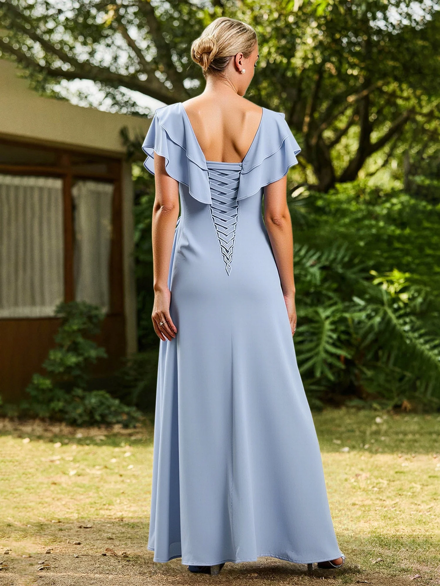A-Line Flutter Sleeves Ruffles Chiffon Long Dress Marigold - Image 2