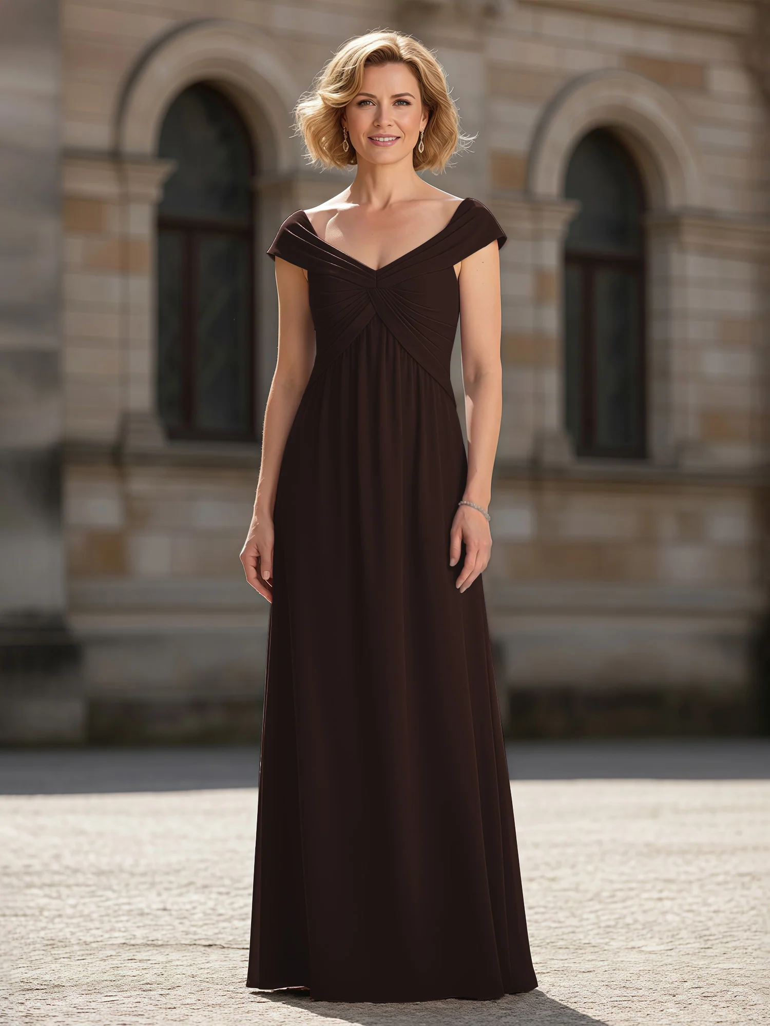 Pleated A-Line Chiffon Floor-Length Dress Chocolate