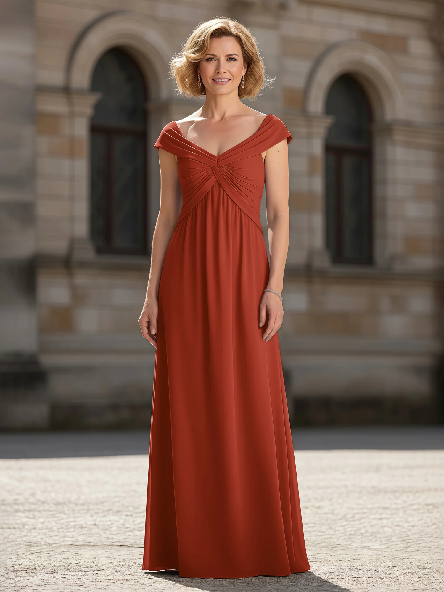 Pleated A-Line Chiffon Floor-Length Dress Rust