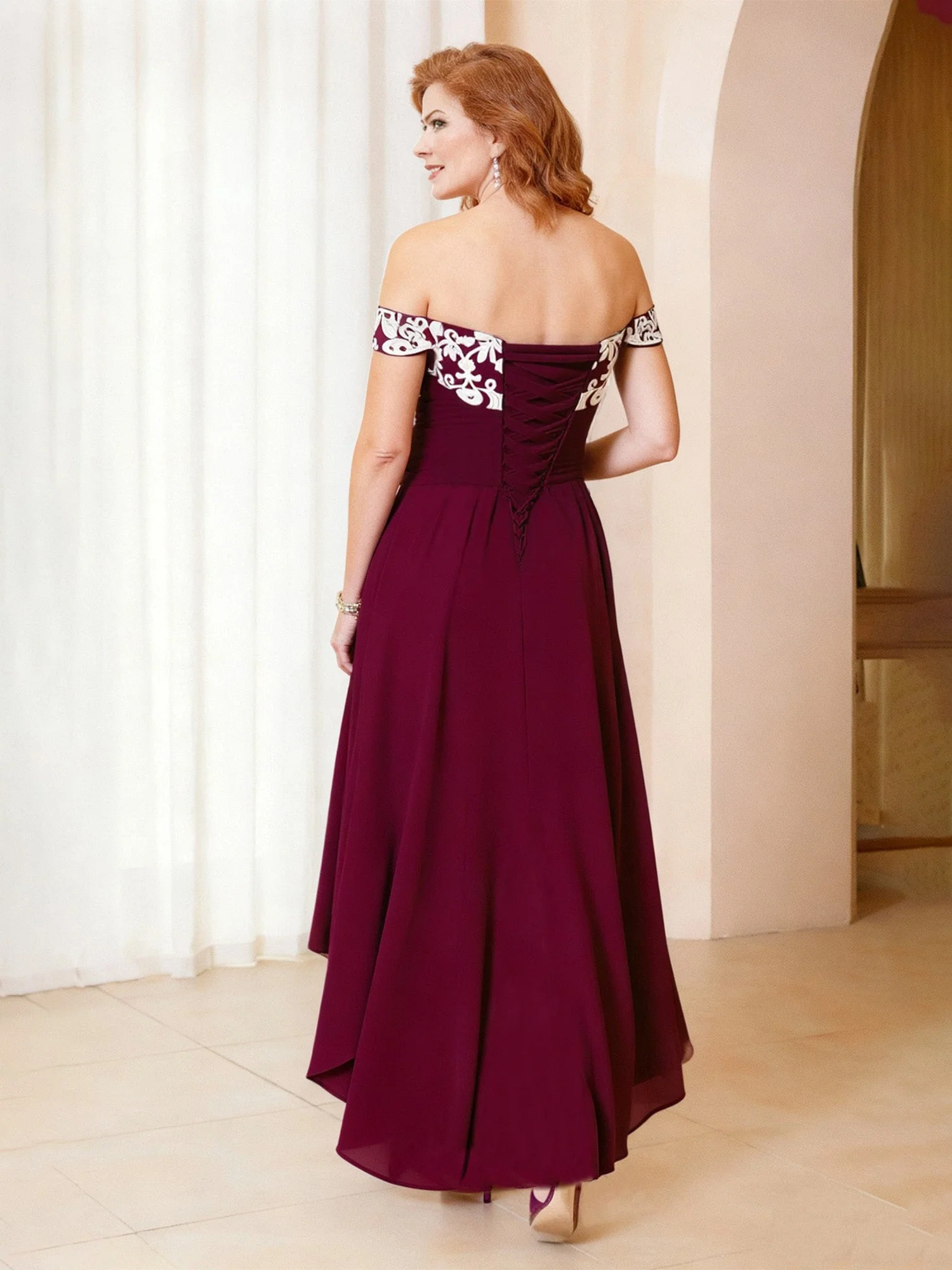 A-Line Lace Off-the-Shoulder Chiffon Asymmetrical Dress Cabernet - Image 2