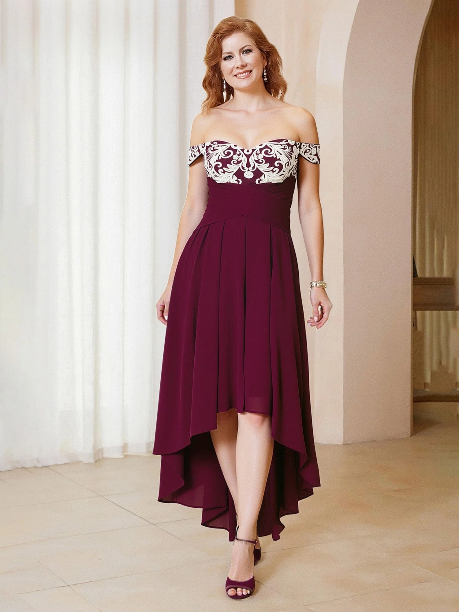 A-Line Lace Off-the-Shoulder Chiffon Asymmetrical Dress Wisteria