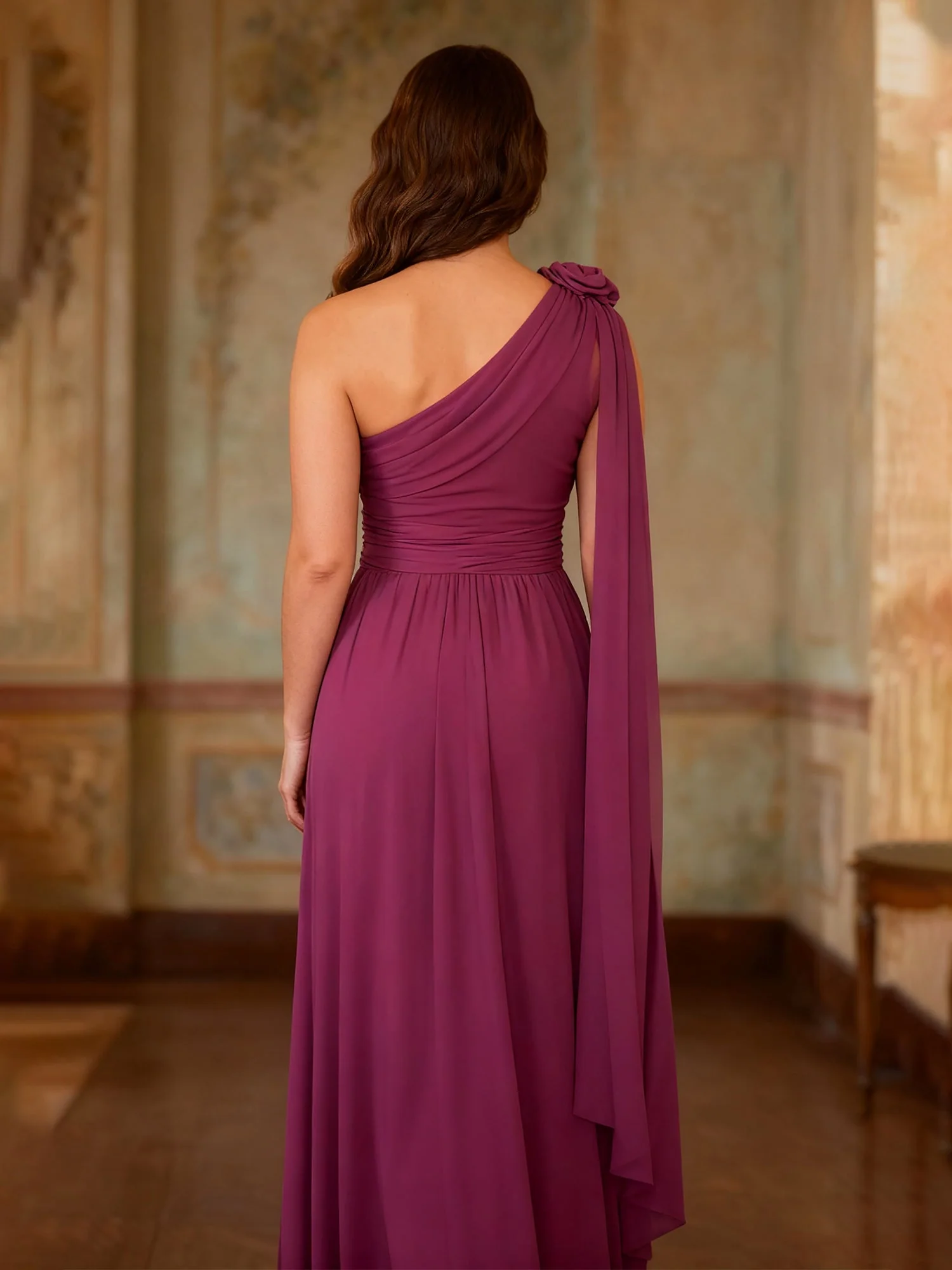 Floral One Shoulder Pleated A-Line Chiffon Long Dress Terracotta - Image 2