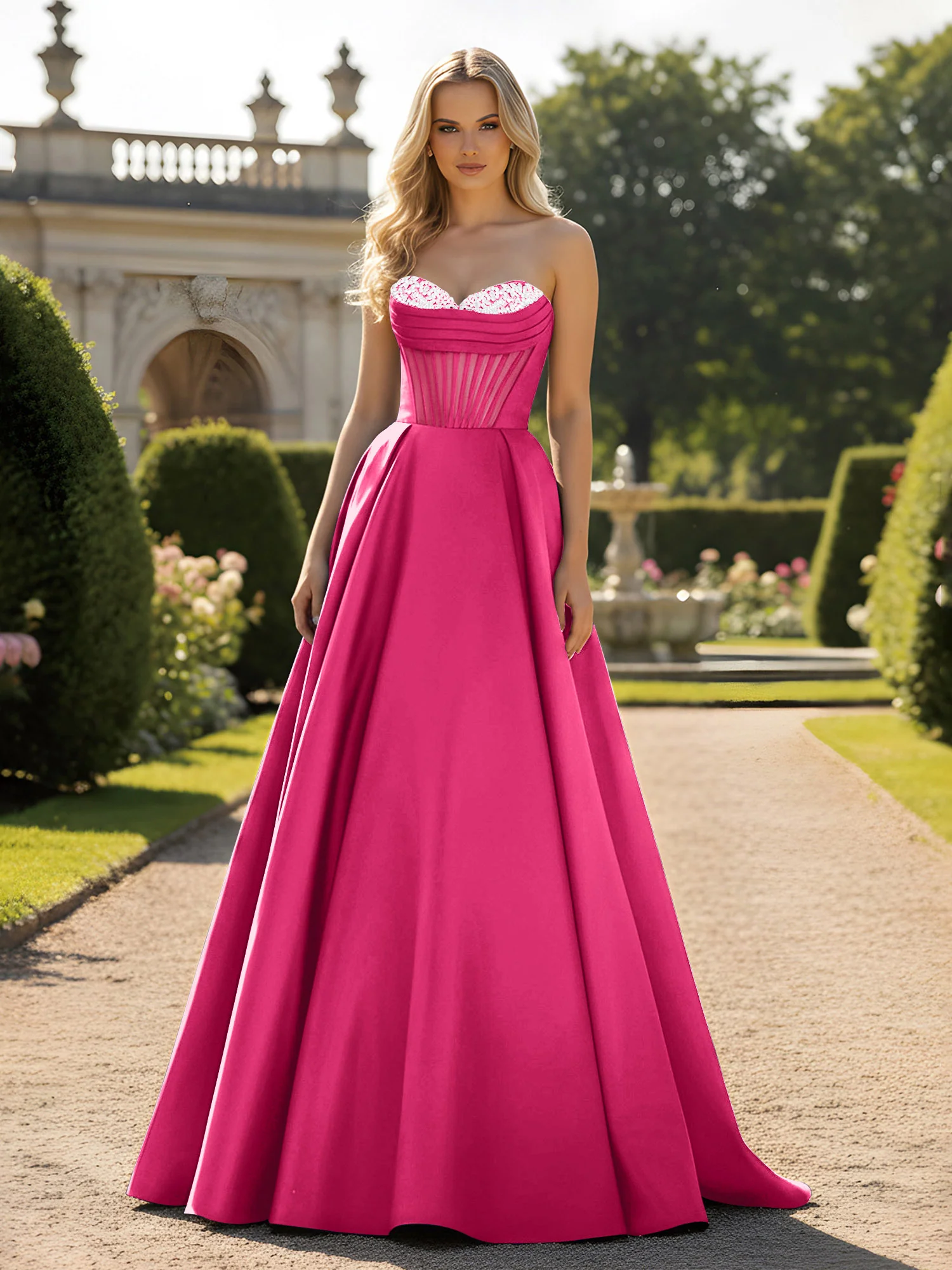 A-Line Ball Gown with Illusion Corset Bodice Fuchsia