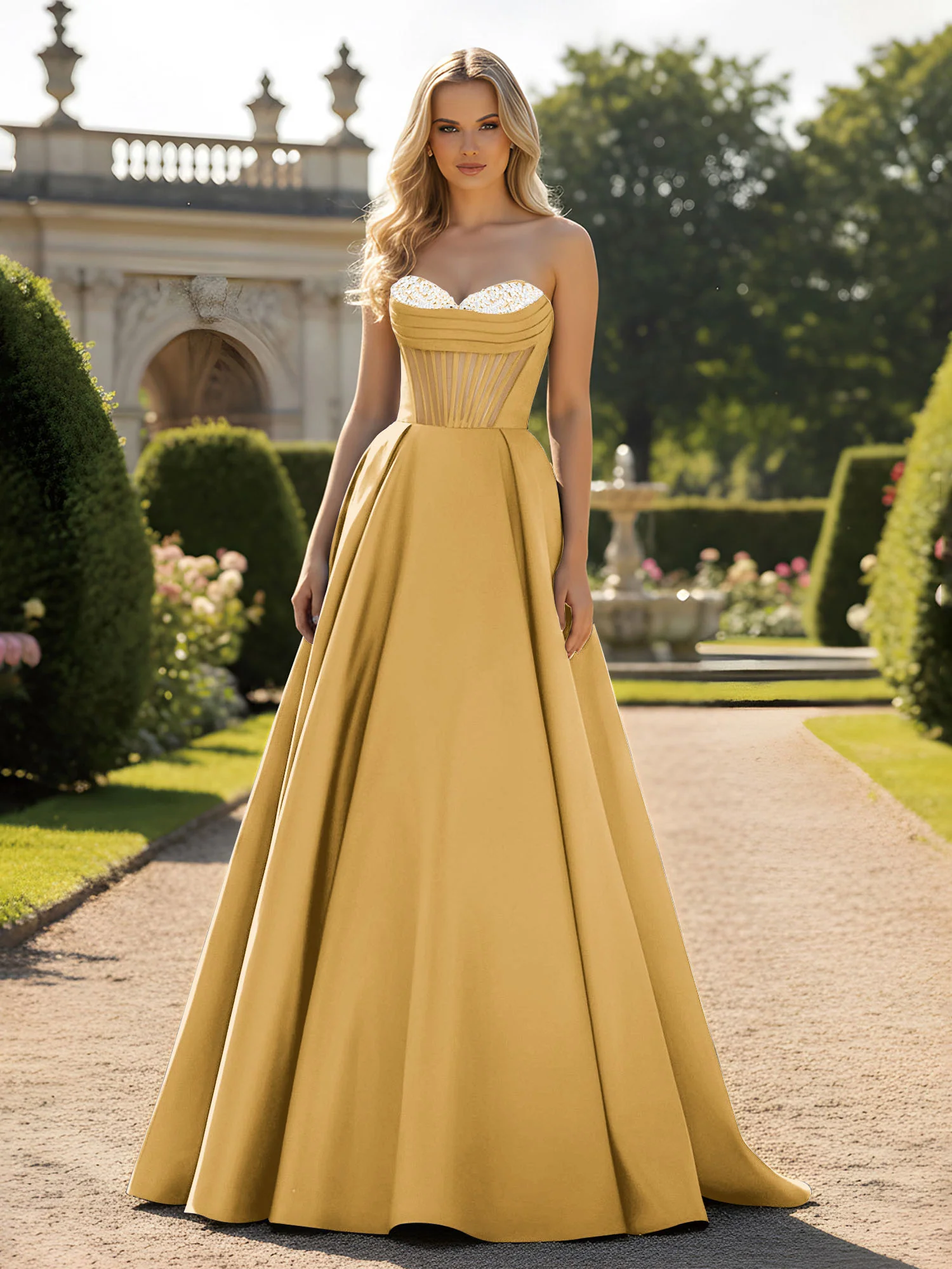 A-Line Ball Gown with Illusion Corset Bodice Gold