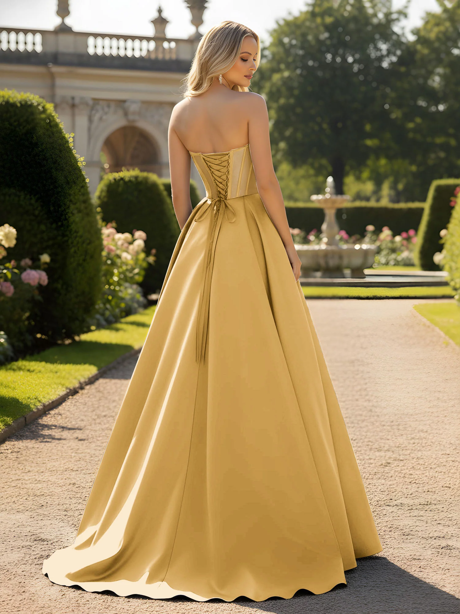 A-Line Ball Gown with Illusion Corset Bodice Gold - Image 2