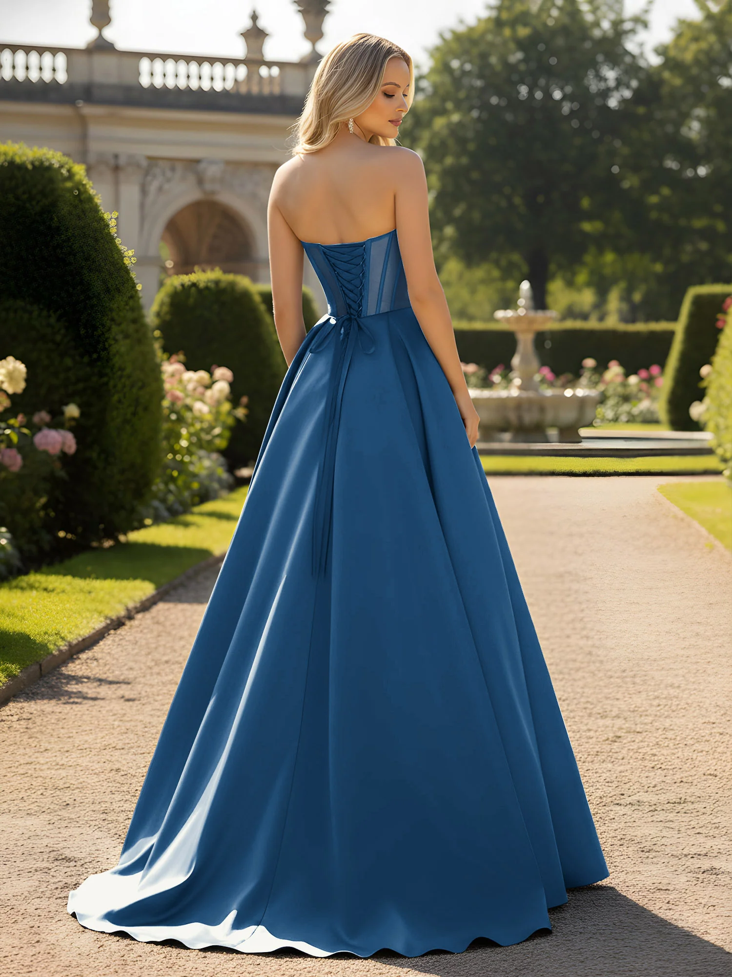 A-Line Ball Gown with Illusion Corset Bodice Ink Blue - Image 2