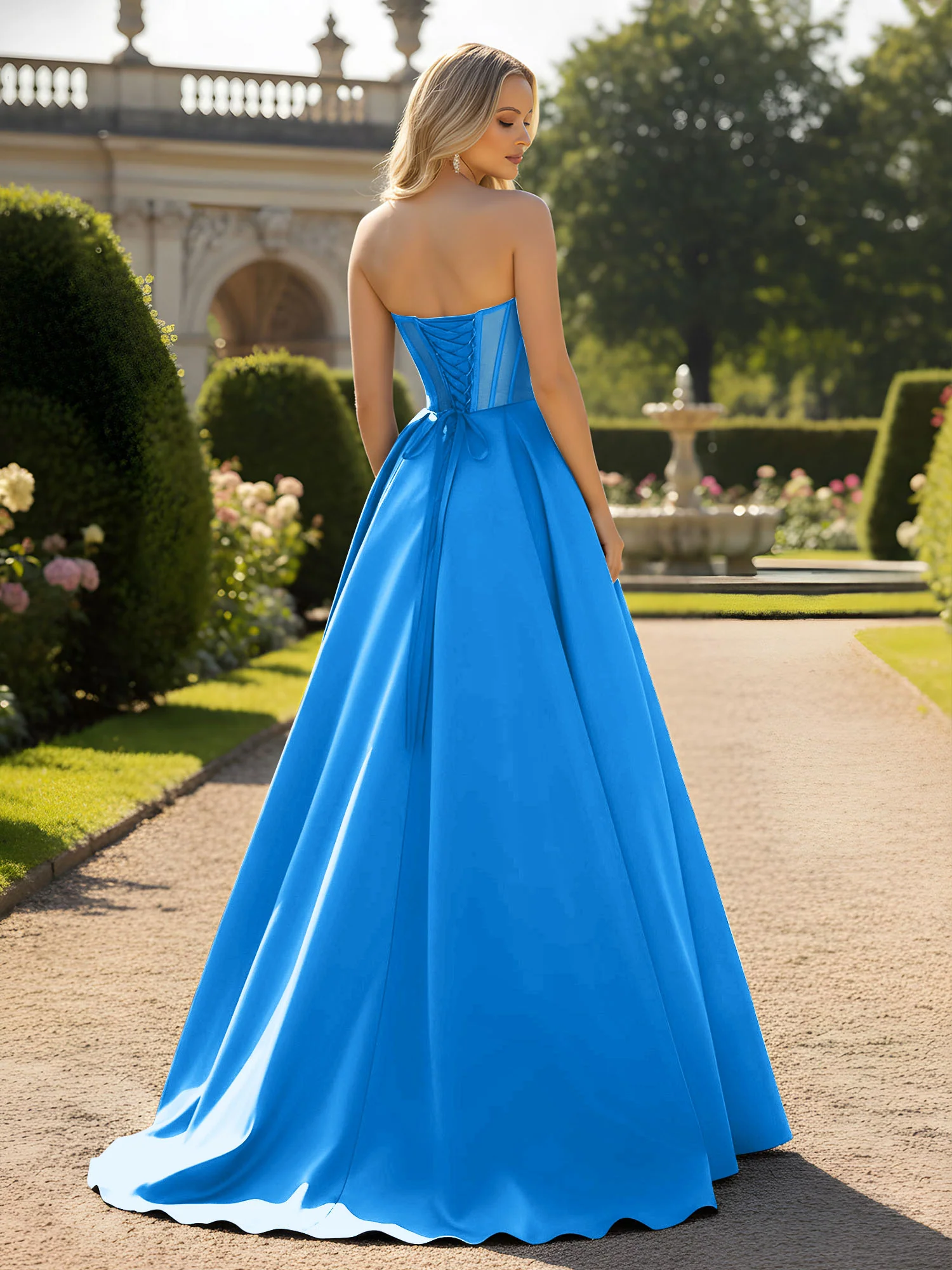 A-Line Ball Gown with Illusion Corset Bodice Ocean Blue - Image 2
