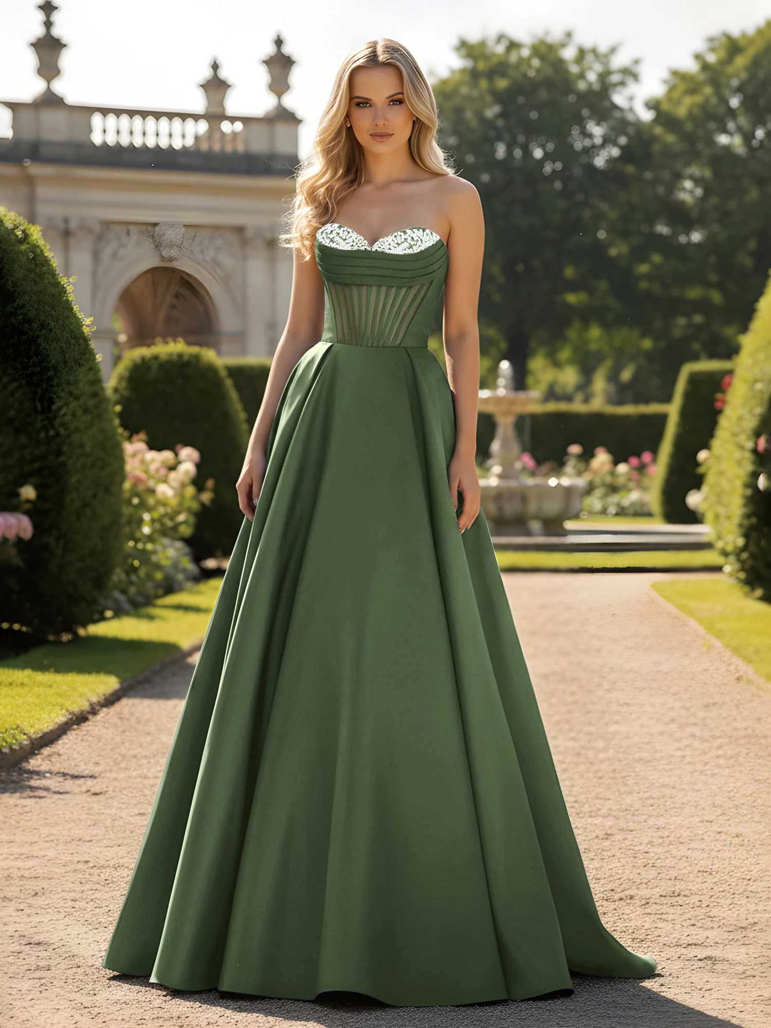 A-Line Ball Gown with Illusion Corset Bodice Olive Green