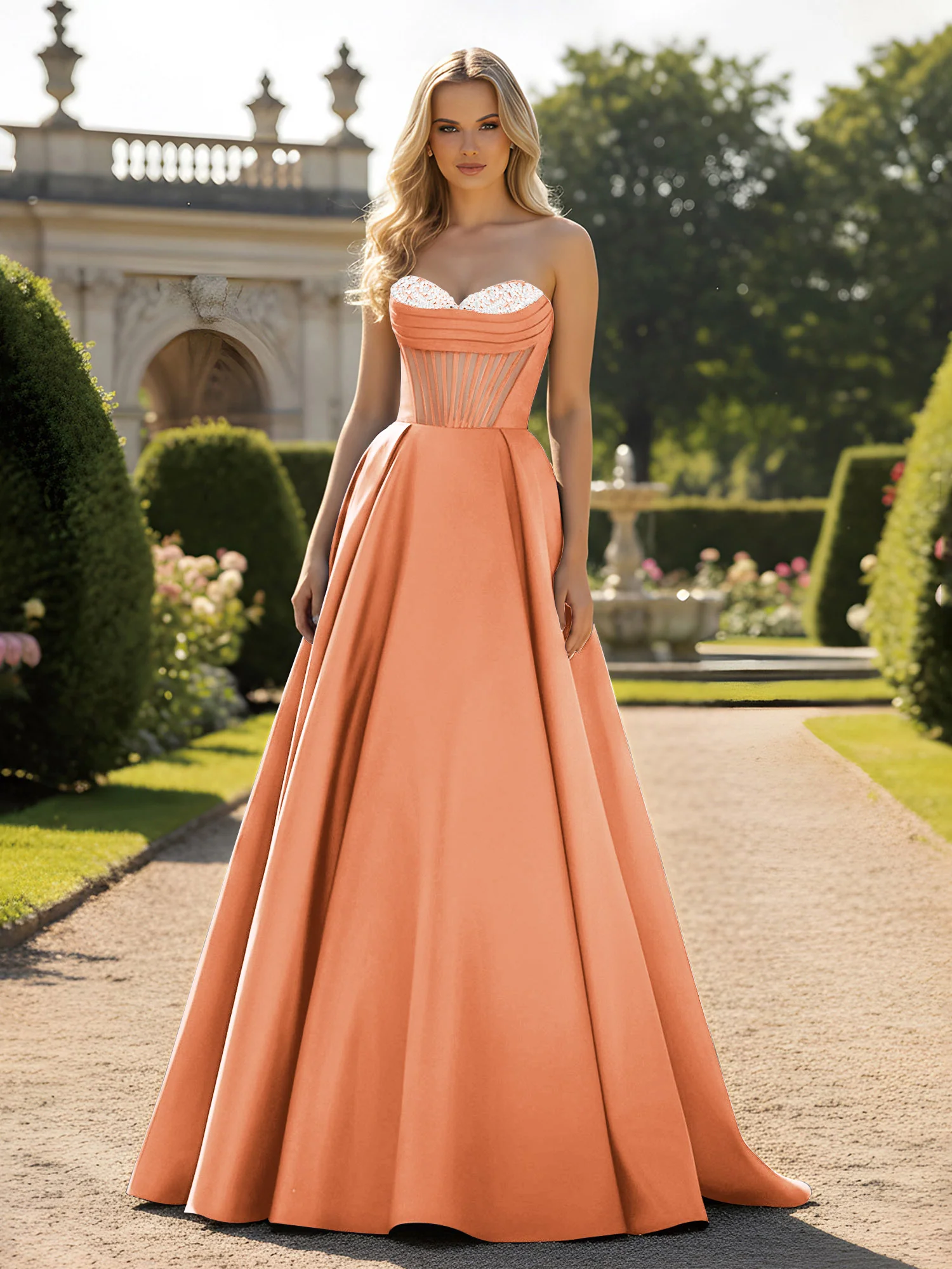 A-Line Ball Gown with Illusion Corset Bodice Papaya
