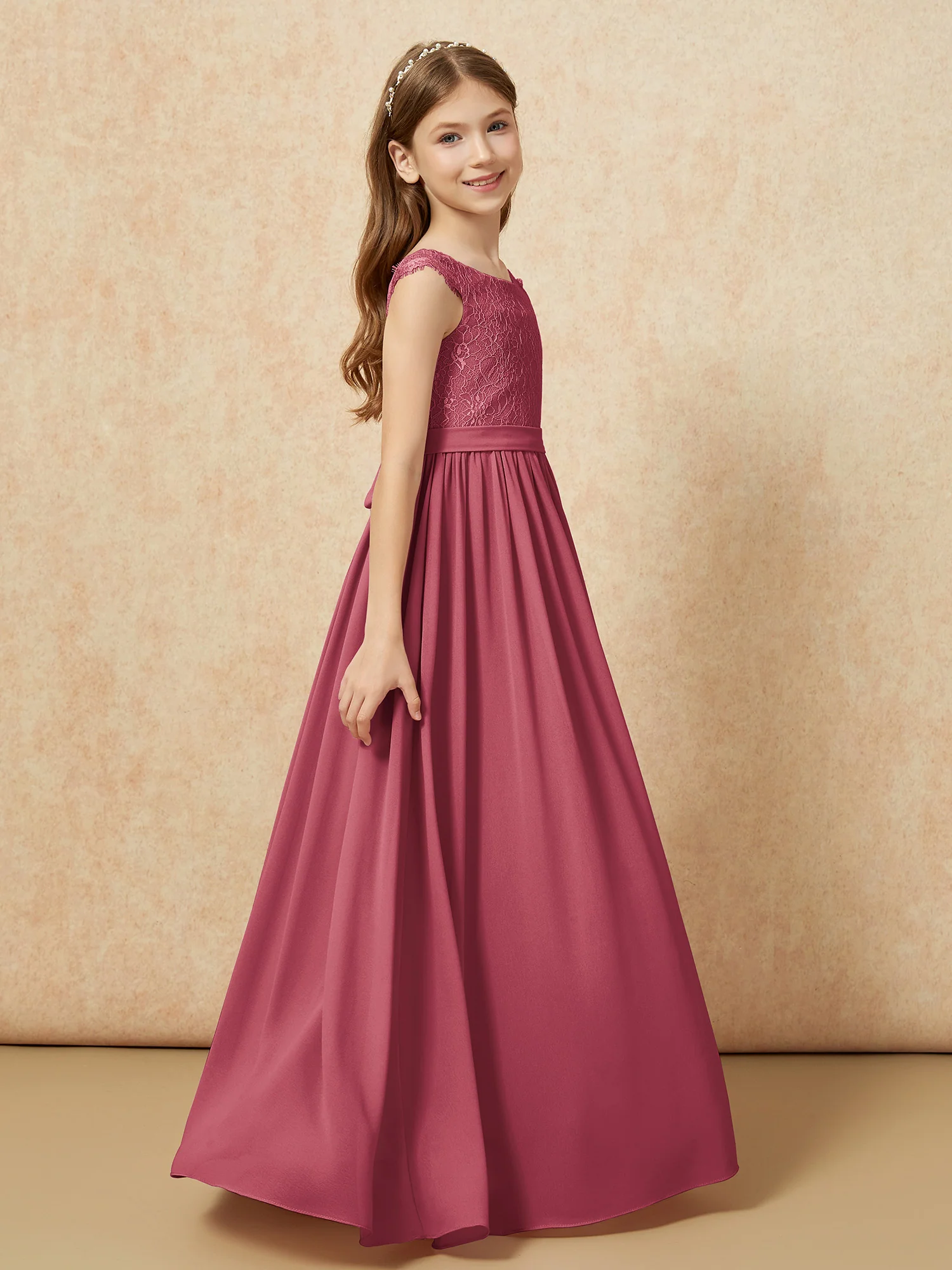 Cap Sleeve Lace Chiffon Junior Bridesmaid Dresses Cinnamon Rose - Image 3