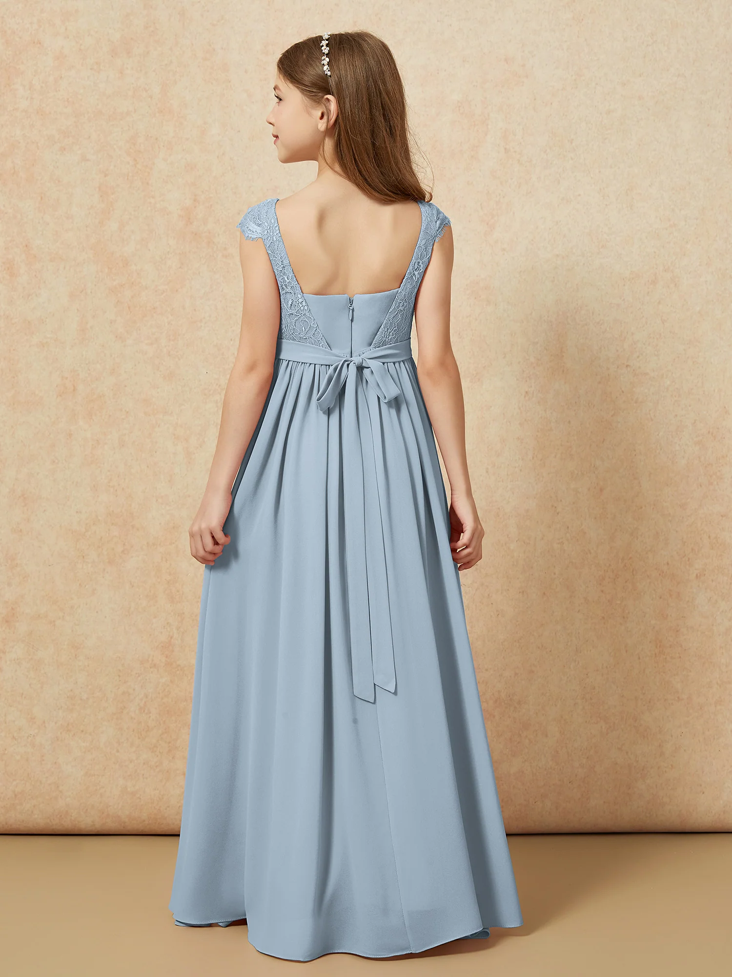 Cap Sleeve Lace Chiffon Junior Bridesmaid Dresses Dusty Blue - Image 2