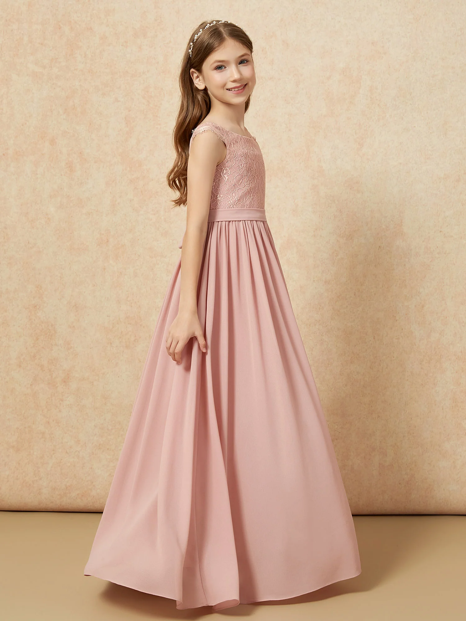 Cap Sleeve Lace Chiffon Junior Bridesmaid Dresses Dusty Rose - Image 3