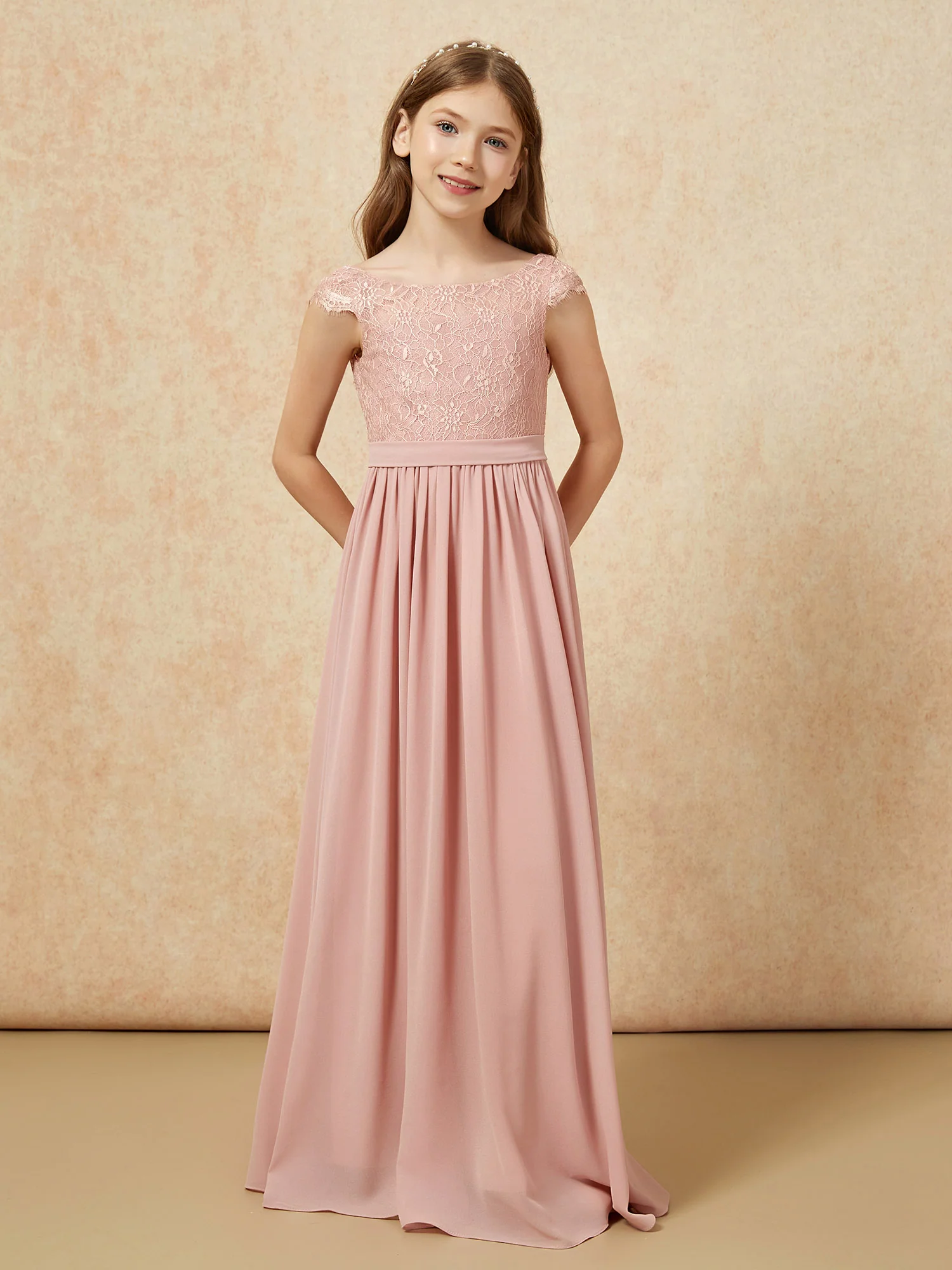 Cap Sleeve Lace Chiffon Junior Bridesmaid Dresses Dusty Rose - Image 4