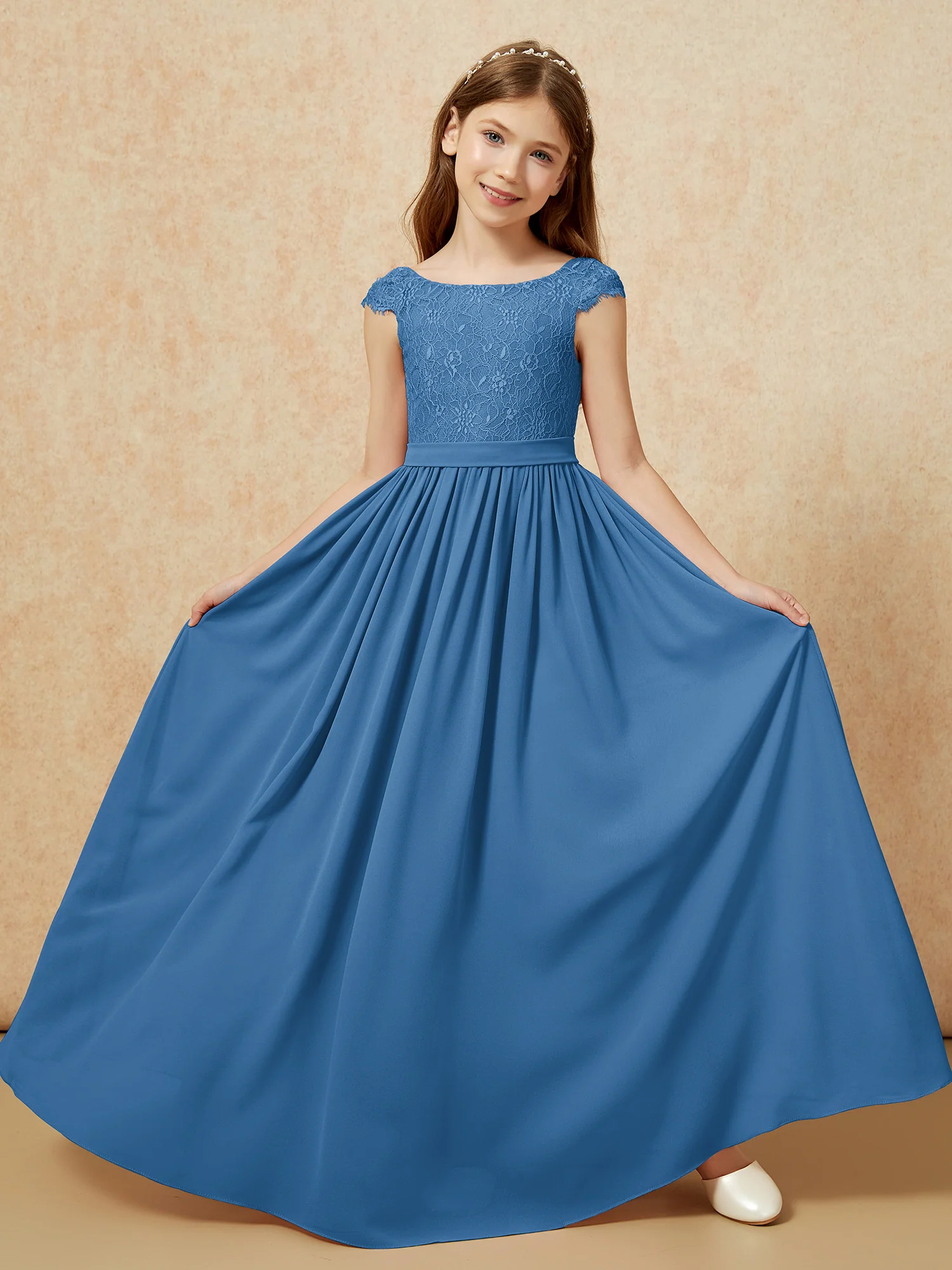 Cap Sleeve Lace Chiffon Junior Bridesmaid Dresses Ink Blue - Image 5