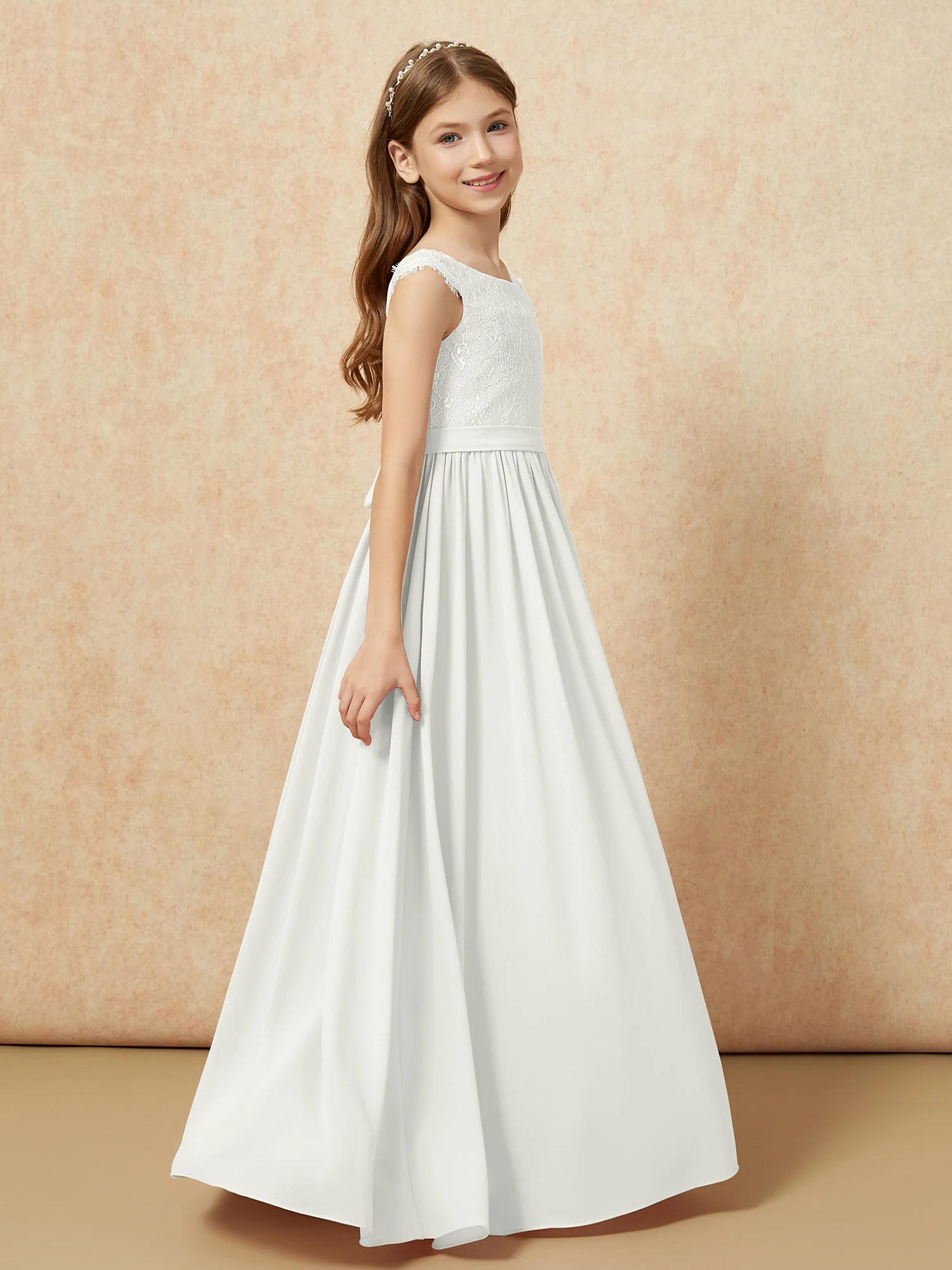 Cap Sleeve Lace Chiffon Junior Bridesmaid Dresses Ivory - Image 3