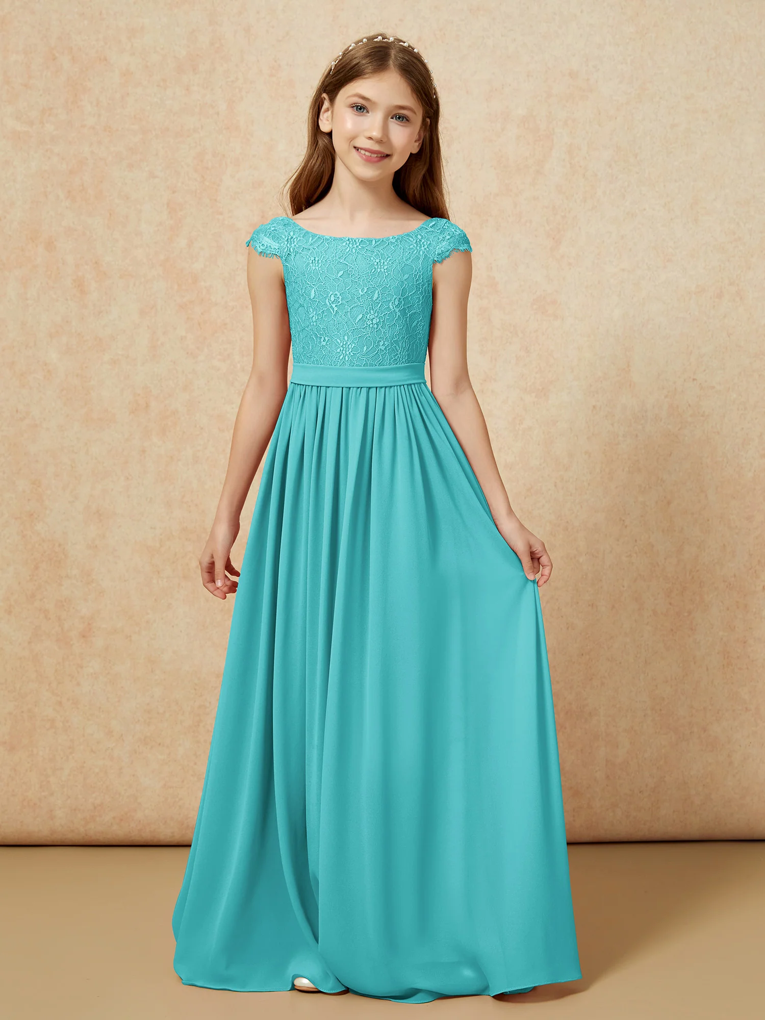 Cap Sleeve Lace Chiffon Junior Bridesmaid Dresses Jade