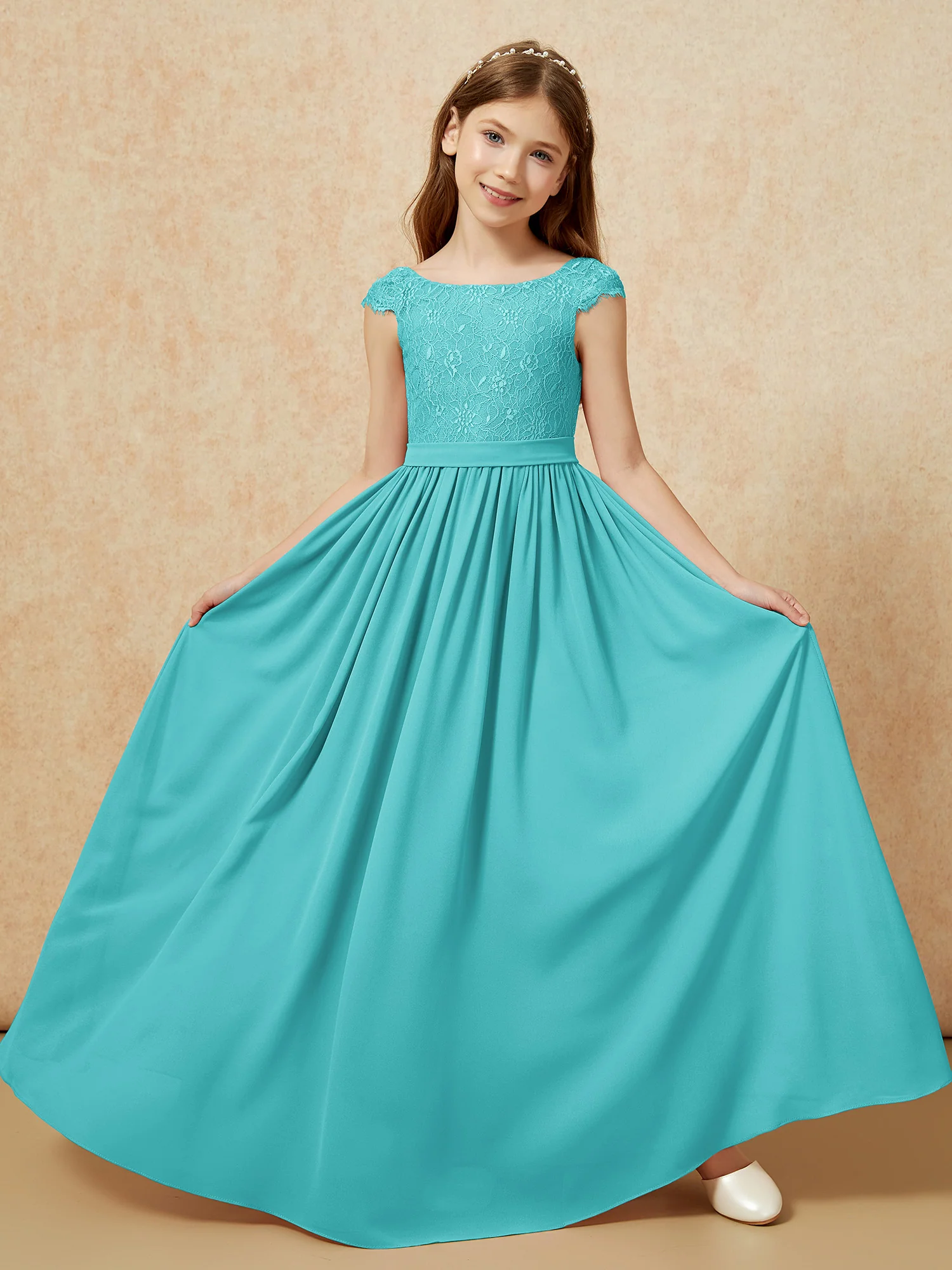 Cap Sleeve Lace Chiffon Junior Bridesmaid Dresses Jade - Image 5