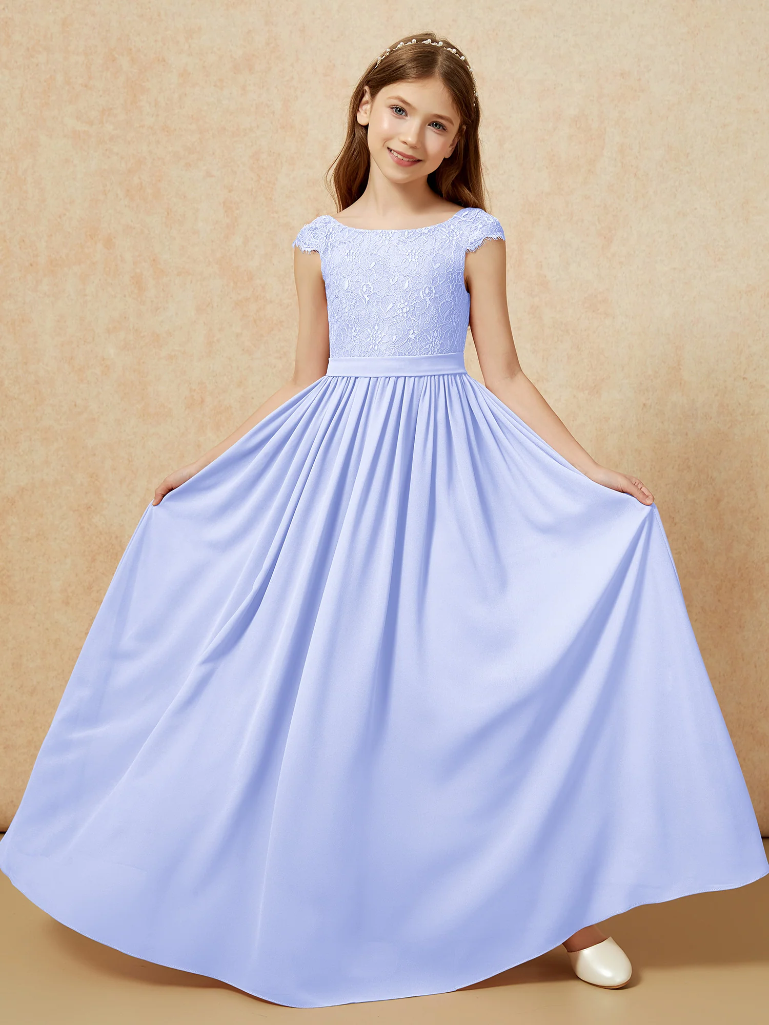 Cap Sleeve Lace Chiffon Junior Bridesmaid Dresses Lavender - Image 5