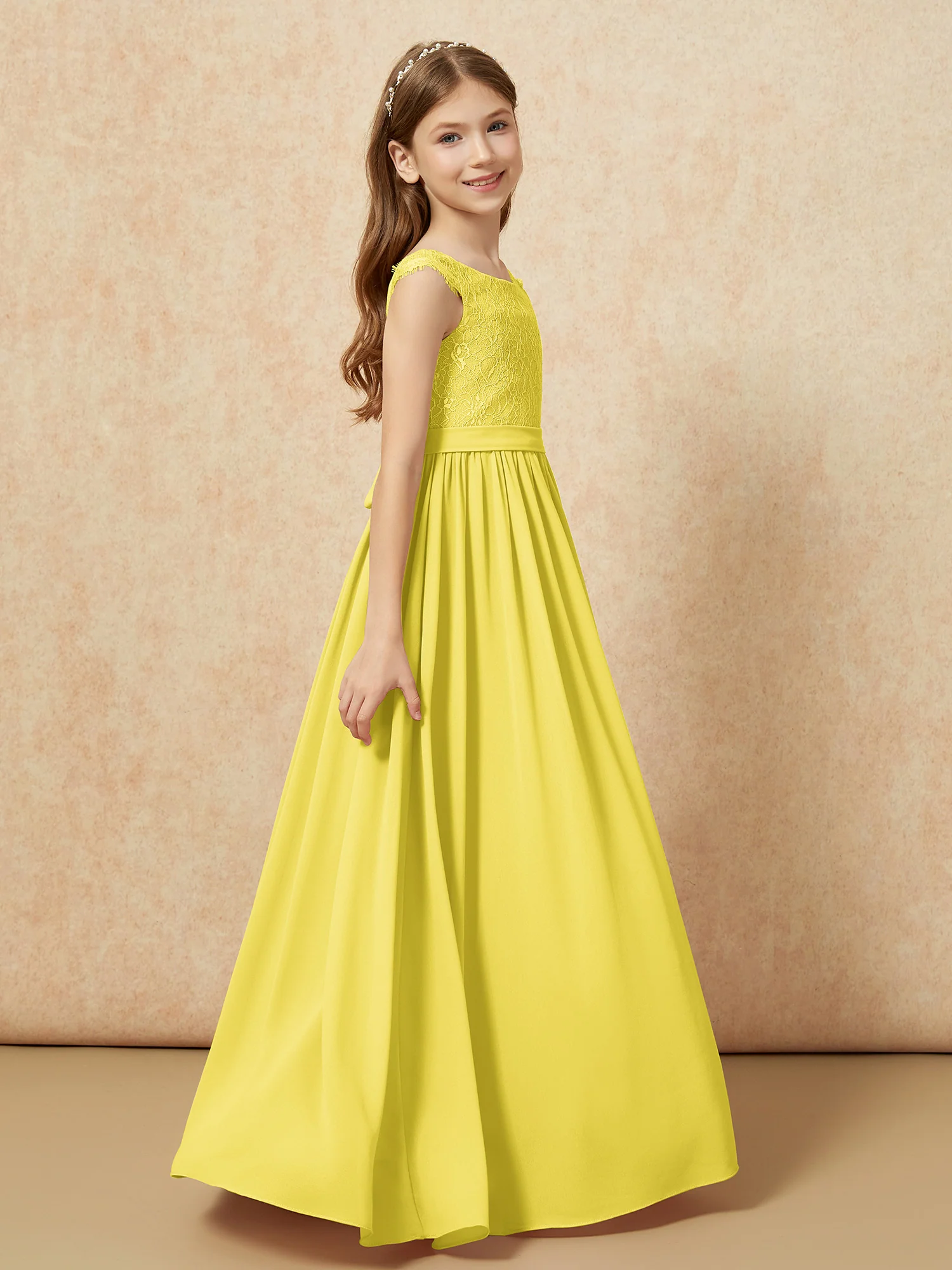 Cap Sleeve Lace Chiffon Junior Bridesmaid Dresses Lemon - Image 3