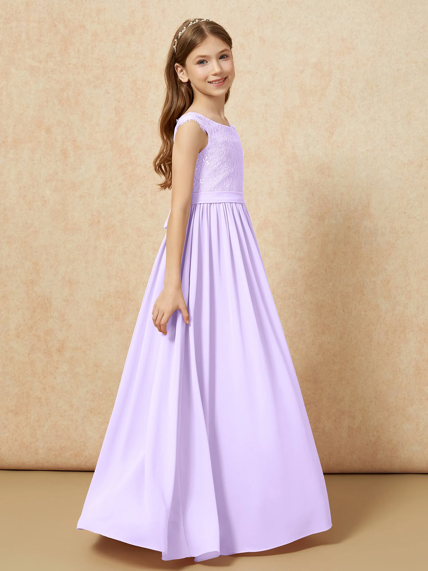 Cap Sleeve Lace Chiffon Junior Bridesmaid Dresses Lilac - Image 3