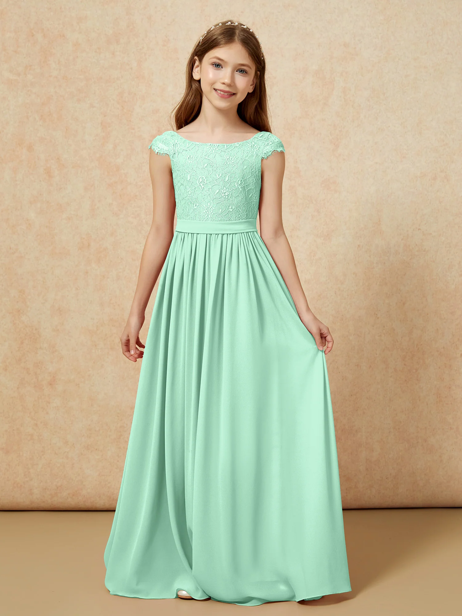 Cap Sleeve Lace Chiffon Junior Bridesmaid Dresses Mint Green