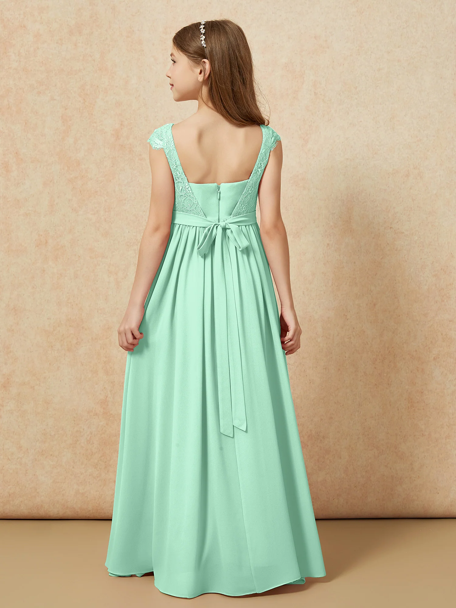 Cap Sleeve Lace Chiffon Junior Bridesmaid Dresses Mint Green - Image 2