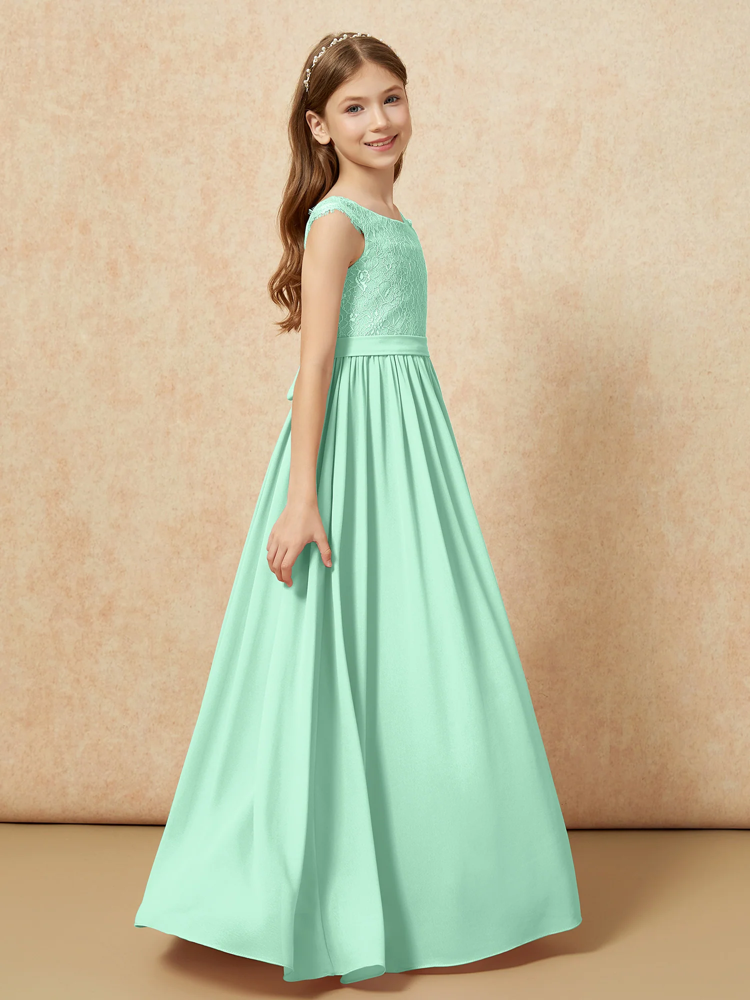 Cap Sleeve Lace Chiffon Junior Bridesmaid Dresses Mint Green - Image 3