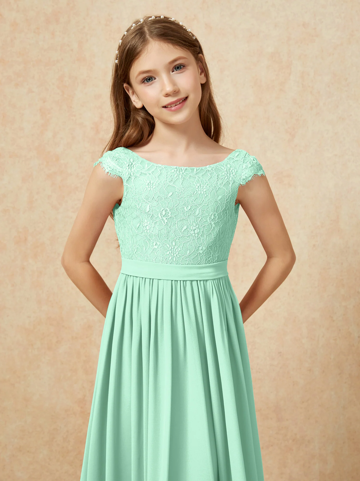 Cap Sleeve Lace Chiffon Junior Bridesmaid Dresses Mint Green - Image 6