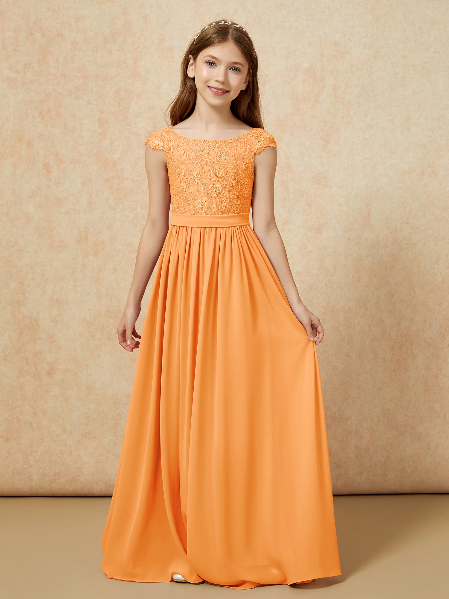 Cap Sleeve Lace Chiffon Junior Bridesmaid Dresses Orange