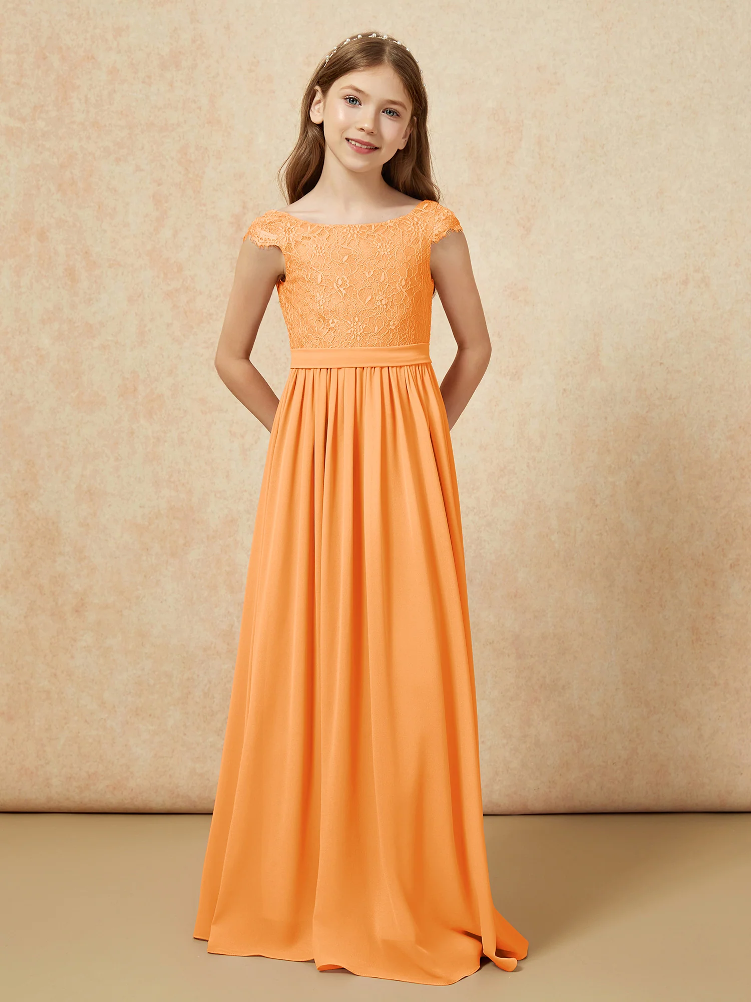 Cap Sleeve Lace Chiffon Junior Bridesmaid Dresses Orange - Image 4