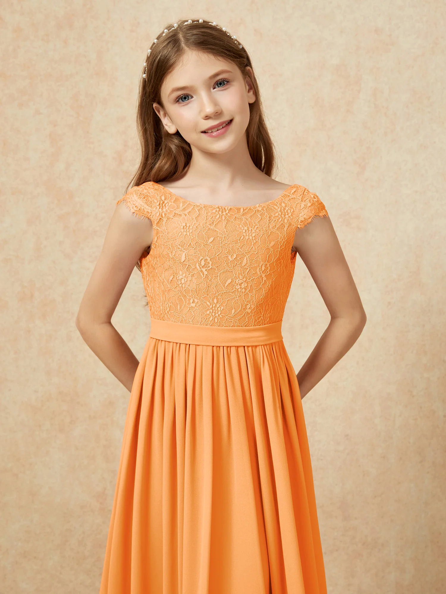 Cap Sleeve Lace Chiffon Junior Bridesmaid Dresses Orange - Image 6