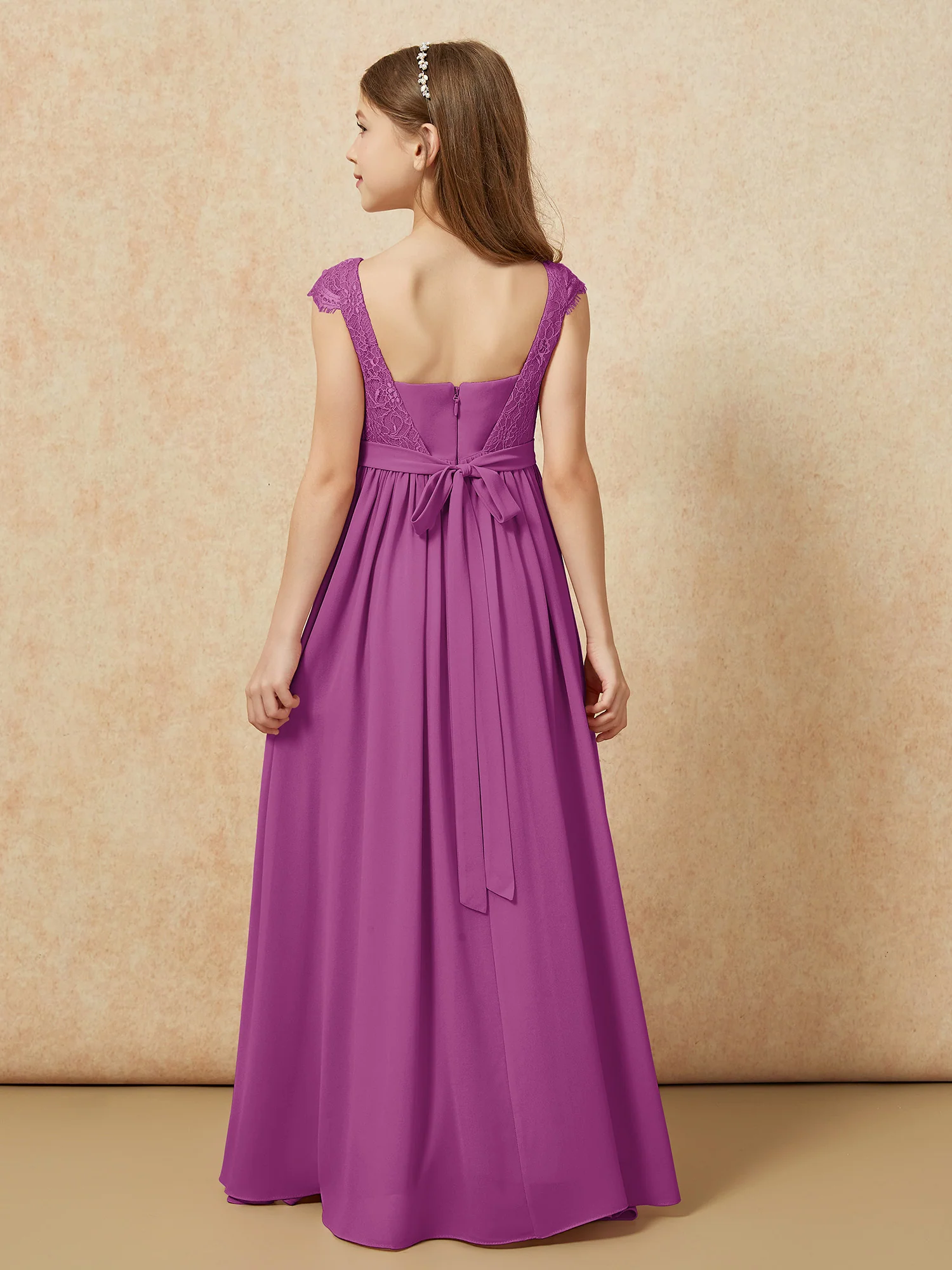Cap Sleeve Lace Chiffon Junior Bridesmaid Dresses Orchid - Image 2