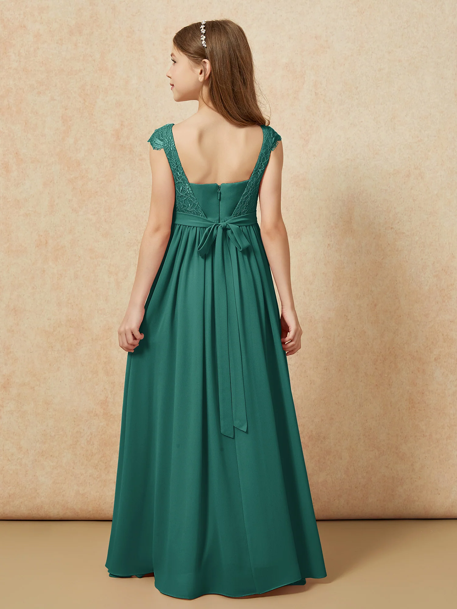 Cap Sleeve Lace Chiffon Junior Bridesmaid Dresses Peacock - Image 2