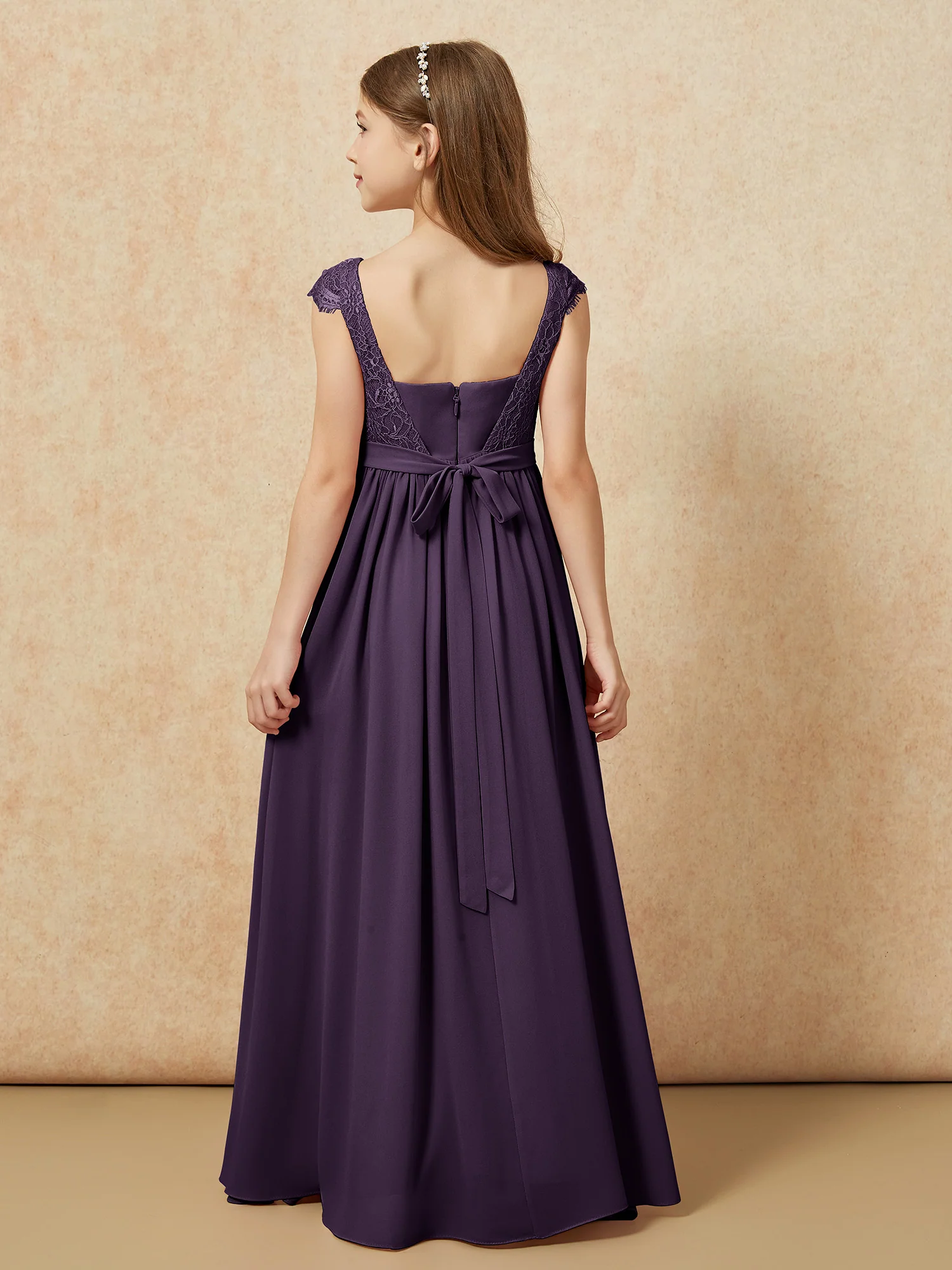 Cap Sleeve Lace Chiffon Junior Bridesmaid Dresses Plum - Image 2