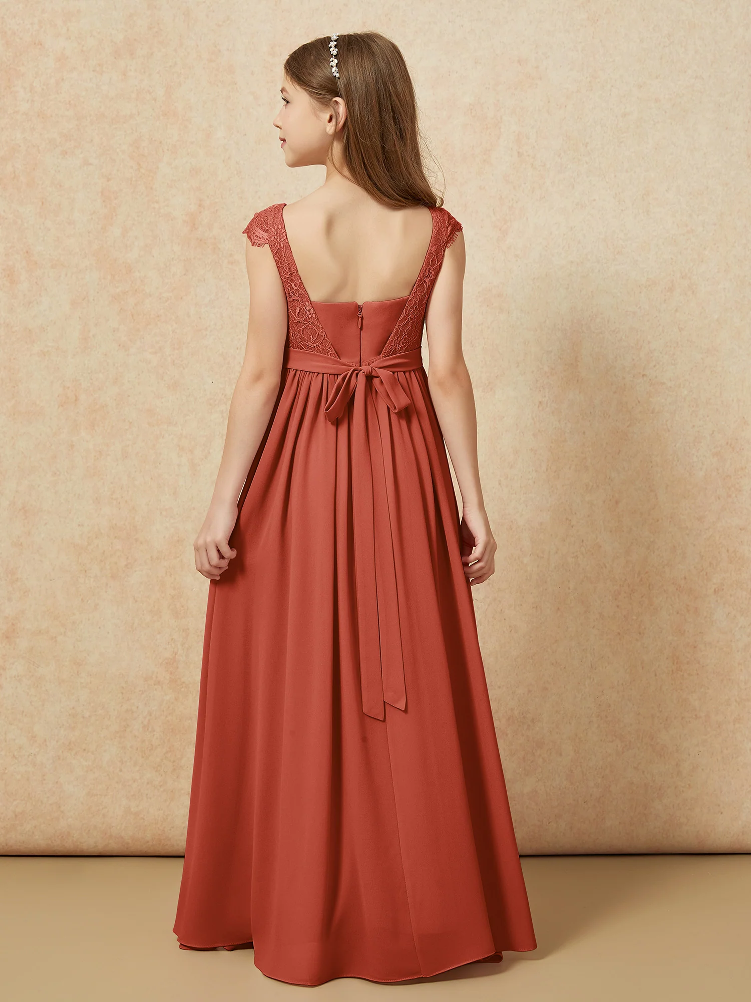 Cap Sleeve Lace Chiffon Junior Bridesmaid Dresses Rust - Image 2
