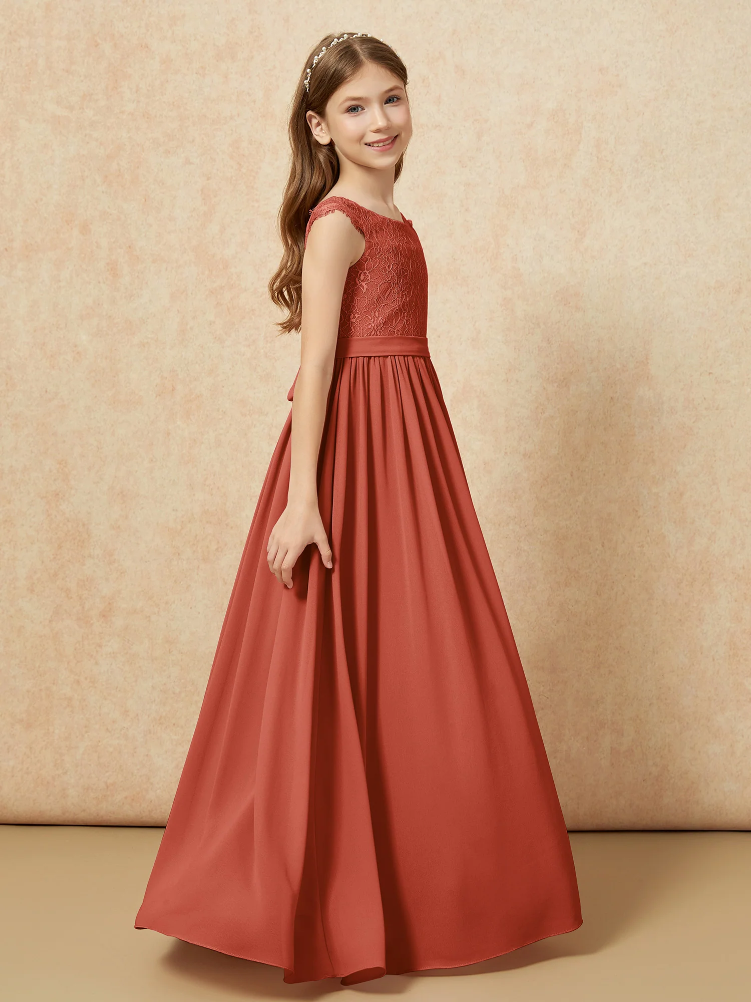 Cap Sleeve Lace Chiffon Junior Bridesmaid Dresses Rust - Image 3