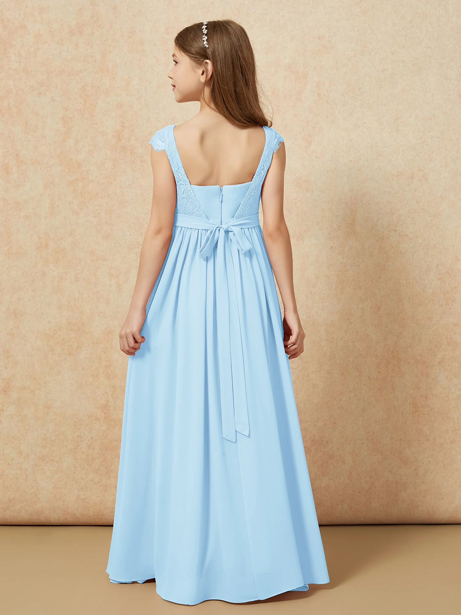 Cap Sleeve Lace Chiffon Junior Bridesmaid Dresses Sky Blue - Image 2