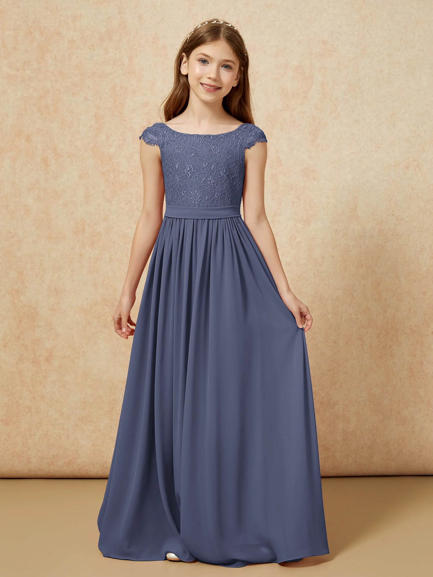 Cap Sleeve Lace Chiffon Junior Bridesmaid Dresses Stormy