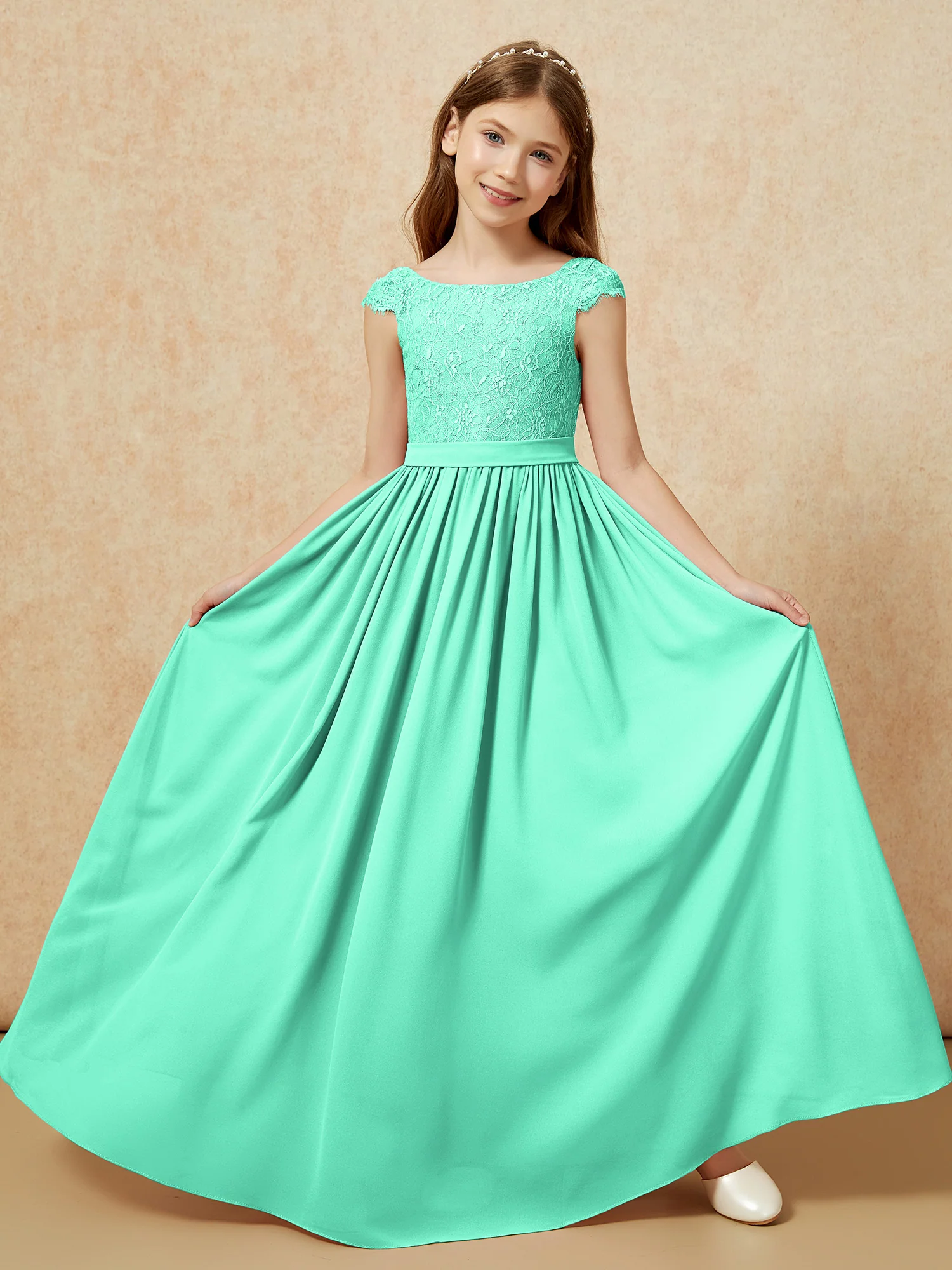 Cap Sleeve Lace Chiffon Junior Bridesmaid Dresses Turquoise - Image 5